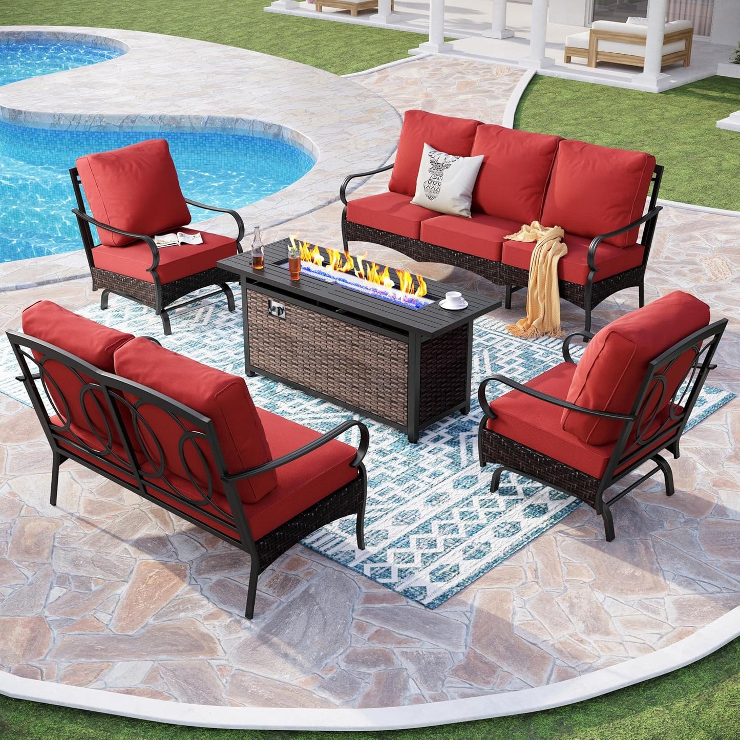 Patio Furniture Set with 56" Fire Pit Table, Premium Outdoor Wicker Metal Frame Furniture with Upgraded Waterproof Thick Cushions for Porch, Poolside, Deck, and Yard (4 Pieces,Red