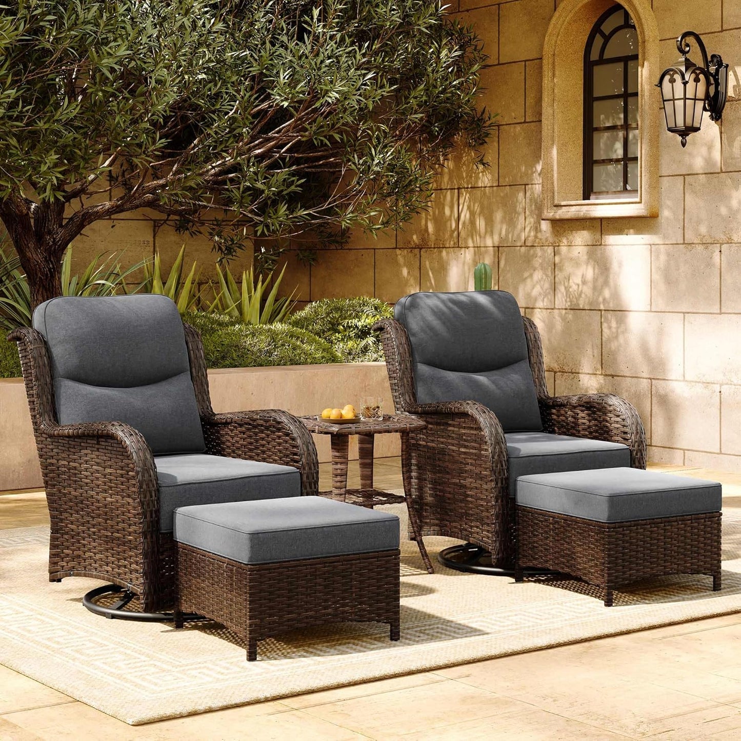 HILLGA Luxury Patio Furniture Set with 6-inch Thick Cushion, Outdoor Sectional Sofa and High Back Swivel Rocker Patio Chairs, 7PCS Wicker Conversation Set for Deck Yard and Pool, Blue (V2)