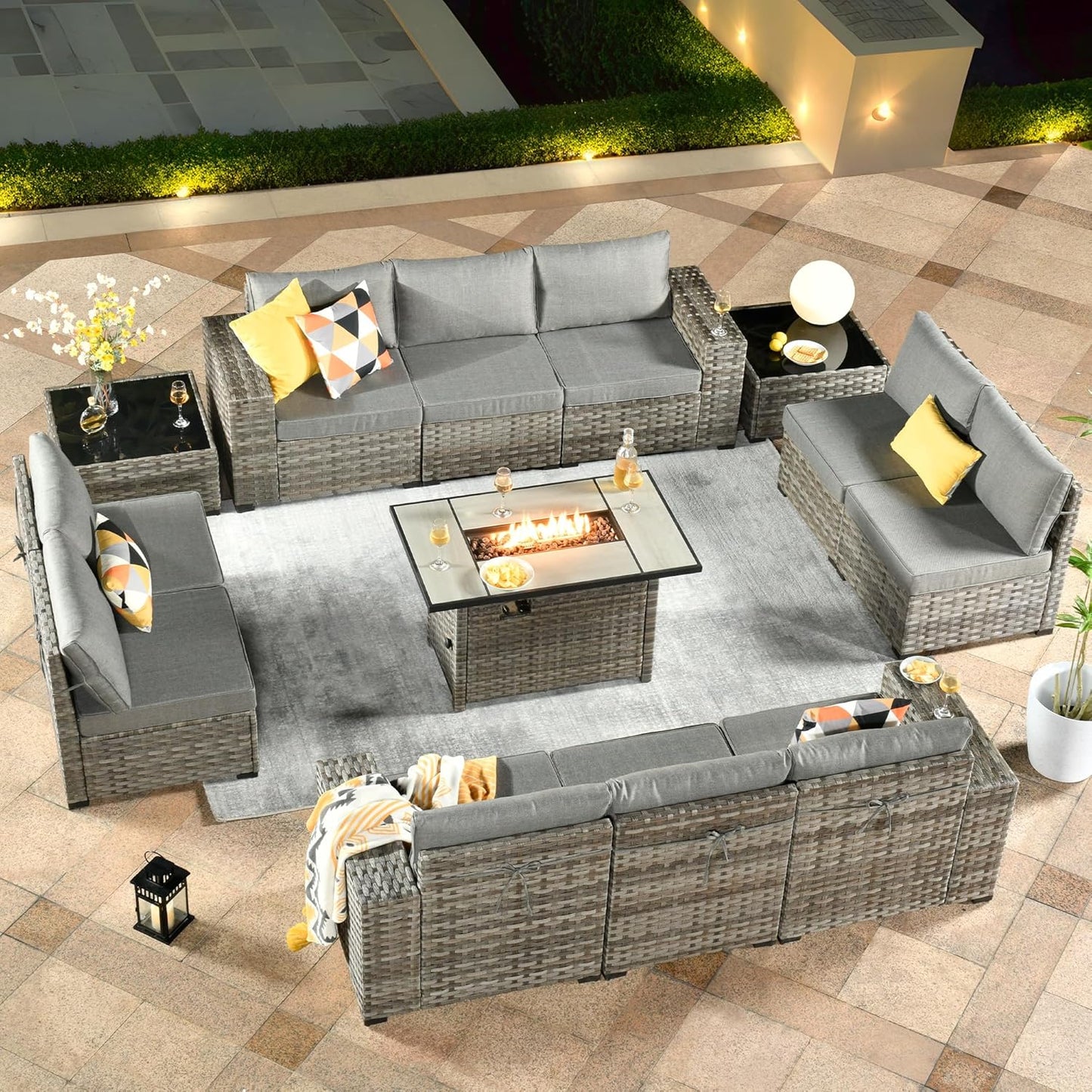 ovios 6 Pieces Patio Furniture Set, Outdoor Wicker Sectional Sofa with Glass Table Comfy Cushions, Modern Modular Deep Seat Couch Rattan Conversation Set, Denim Blue