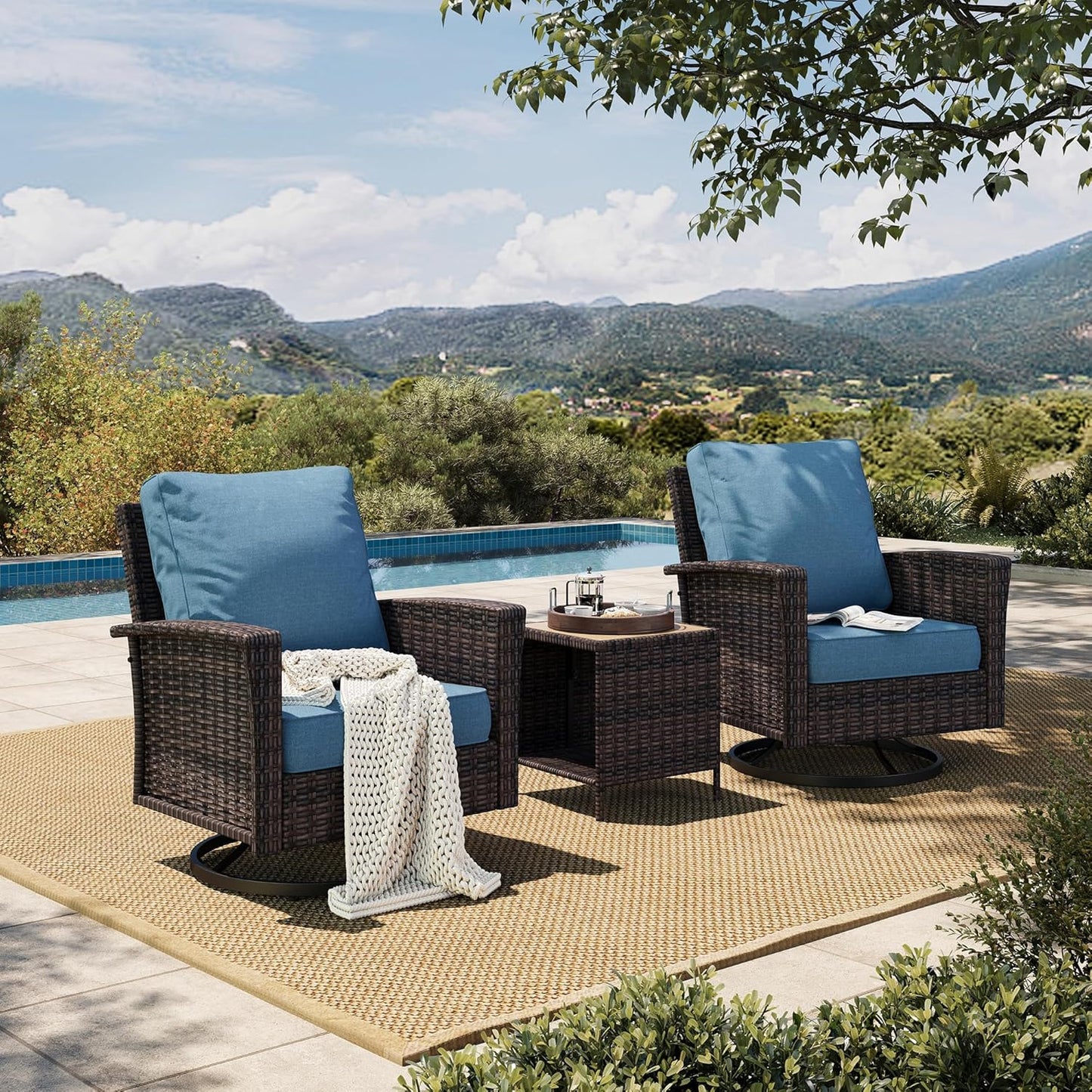 Luxury Patio Furniture Set with 5.5" Thick Cushion, Outdoor Wicker Conversation Set, 4 x High Back Swivel Patio Chairs with Tempered Glass Table, Waterproof 3-Seat Sofa for Deck Lawn Deck Yard, Beige