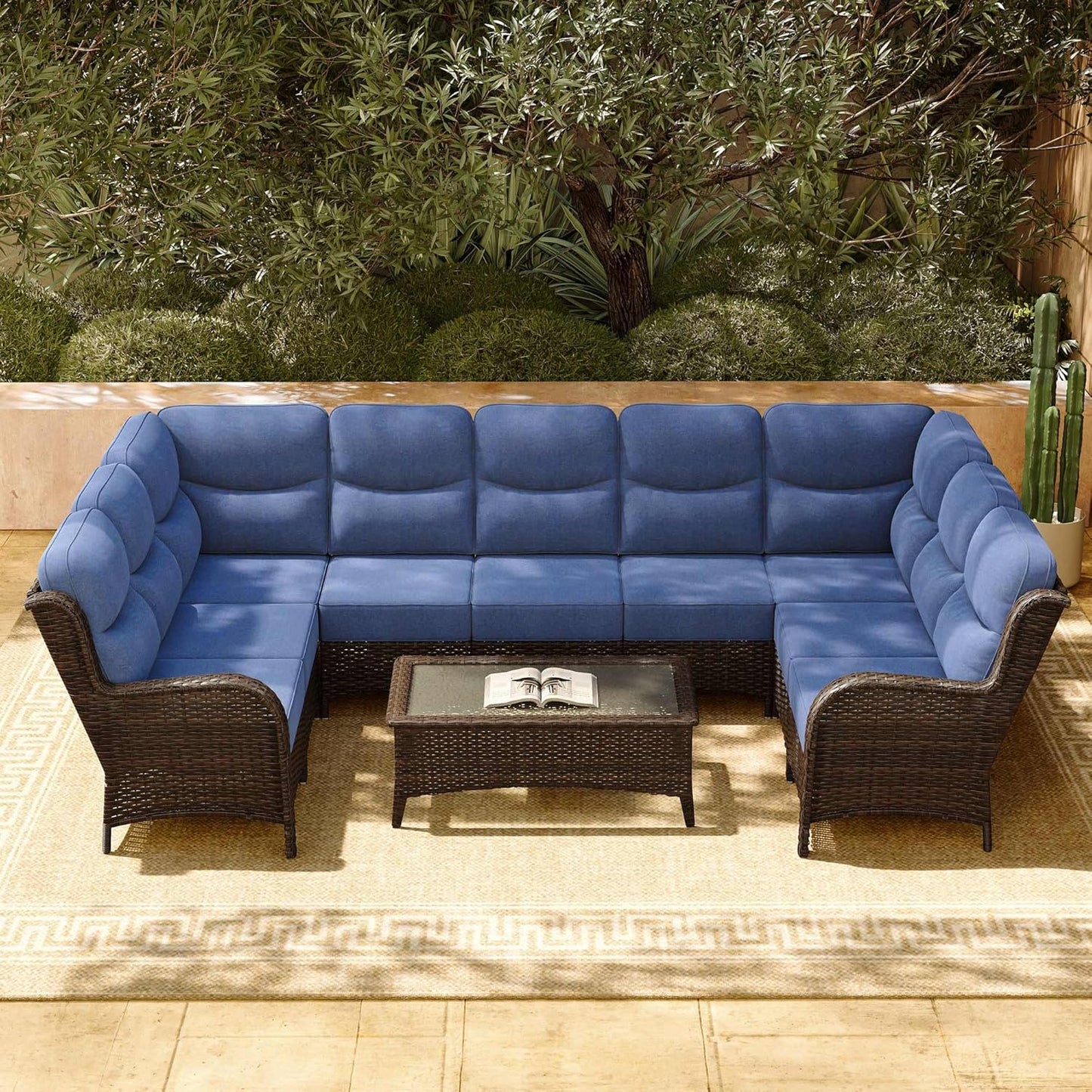 HILLGA Luxury Patio Furniture Set with 6-inch Thick Cushion, Outdoor Sectional Sofa and High Back Swivel Rocker Patio Chairs, 7PCS Wicker Conversation Set for Deck Yard and Pool, Blue (V2)