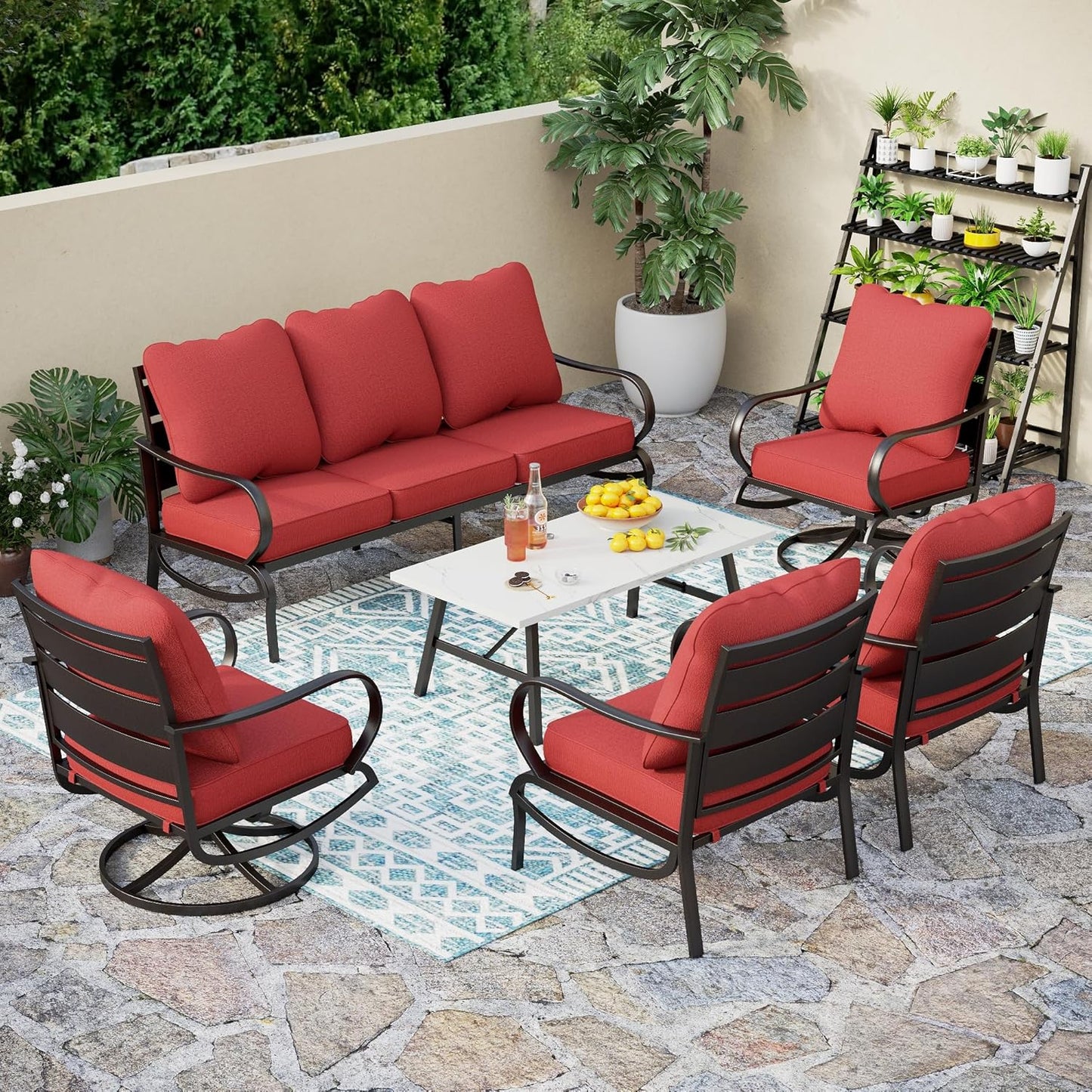 PHI VILLA 6 Piece Patio Furniture Sets with 1 x 3 Seater Padded Deep Seating Bench, 2 x Swivel Cushioned Sofa Chairs, 2 x Leg Sofa Chairs and 1 x Coffee Table, Outdoor Metal Furniture Set for 7