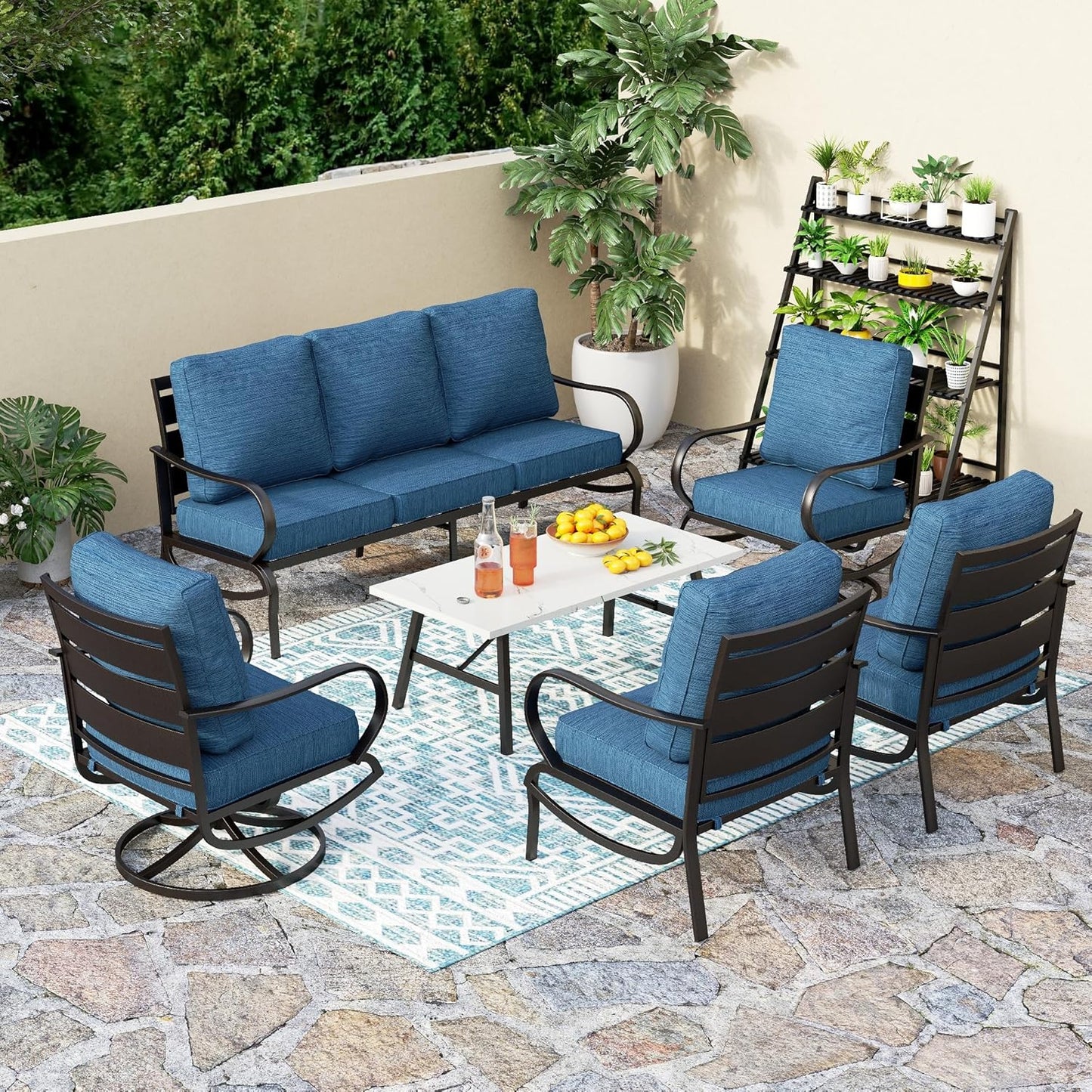 PHI VILLA 6 Piece Patio Furniture Sets with 1 x 3 Seater Padded Deep Seating Bench, 2 x Swivel Cushioned Sofa Chairs, 2 x Leg Sofa Chairs and 1 x Coffee Table, Outdoor Metal Furniture Set for 7