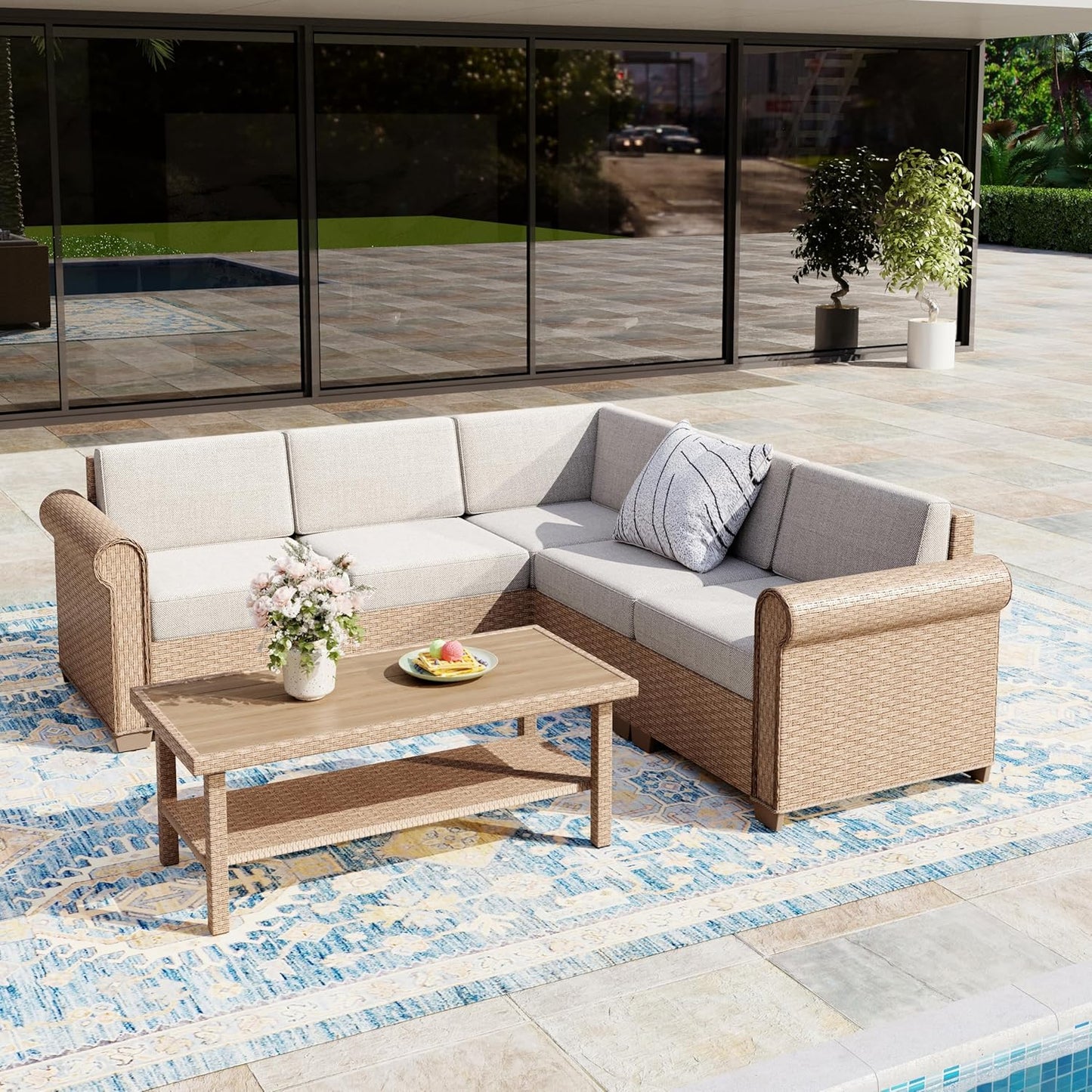 Patio Furniture Set, 8 Piece Outdoor Rattan Wicker Sectional Conversation Set with 5.5" Thick Waterproof Cushions and Coffee Table for Deck Backyard