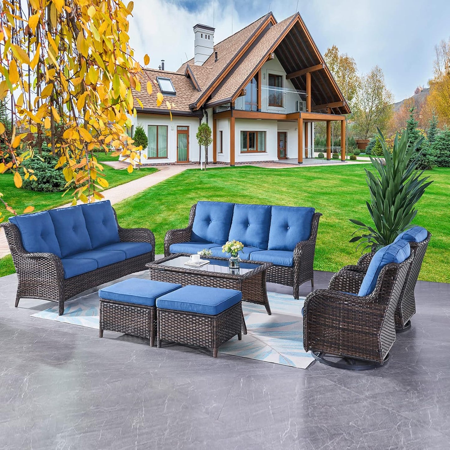 Rilyson Wicker Rocking Chair Swivel Chairs - 4 Piece Rocker Patio Chairs Set Rattan Rocking Chair for Outdoor Porch Deck Garden Backyard(Mixed Grey/Blue)