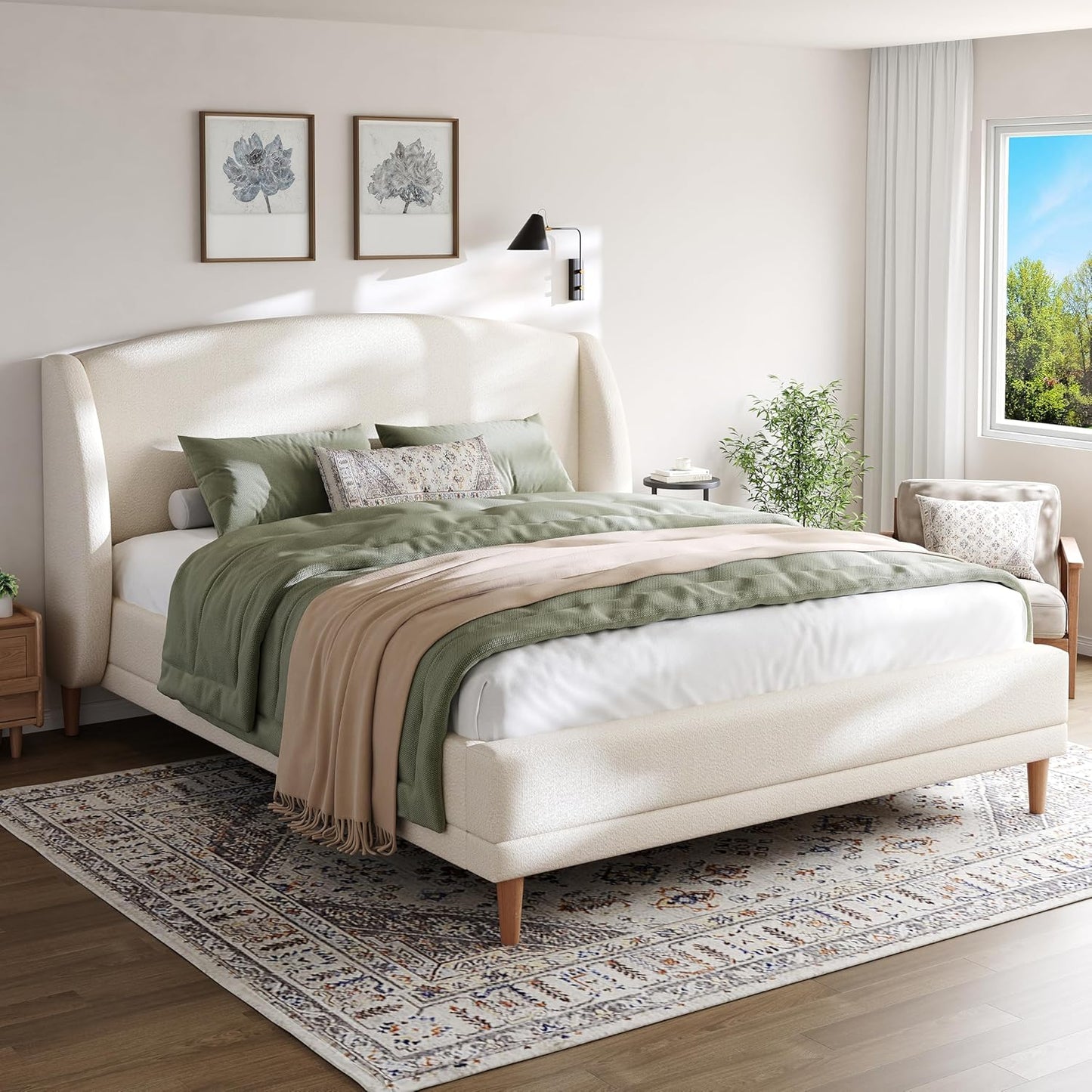 Christopher Knight Home Hazel King Size Bed Frame, Upholstered Platform Bed, Soft Boucle Wingback Headboard, Wood Bed Support and Slats, Curved-Shaped Headboard King Beds for Adult, 45.60" H White