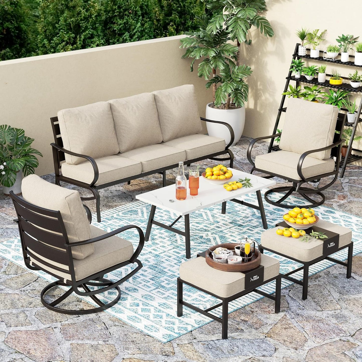 PHI VILLA 6 Piece Patio Furniture Sets with 1 x 3 Seater Padded Deep Seating Bench, 2 x Swivel Cushioned Sofa Chairs, 2 x Leg Sofa Chairs and 1 x Coffee Table, Outdoor Metal Furniture Set for 7