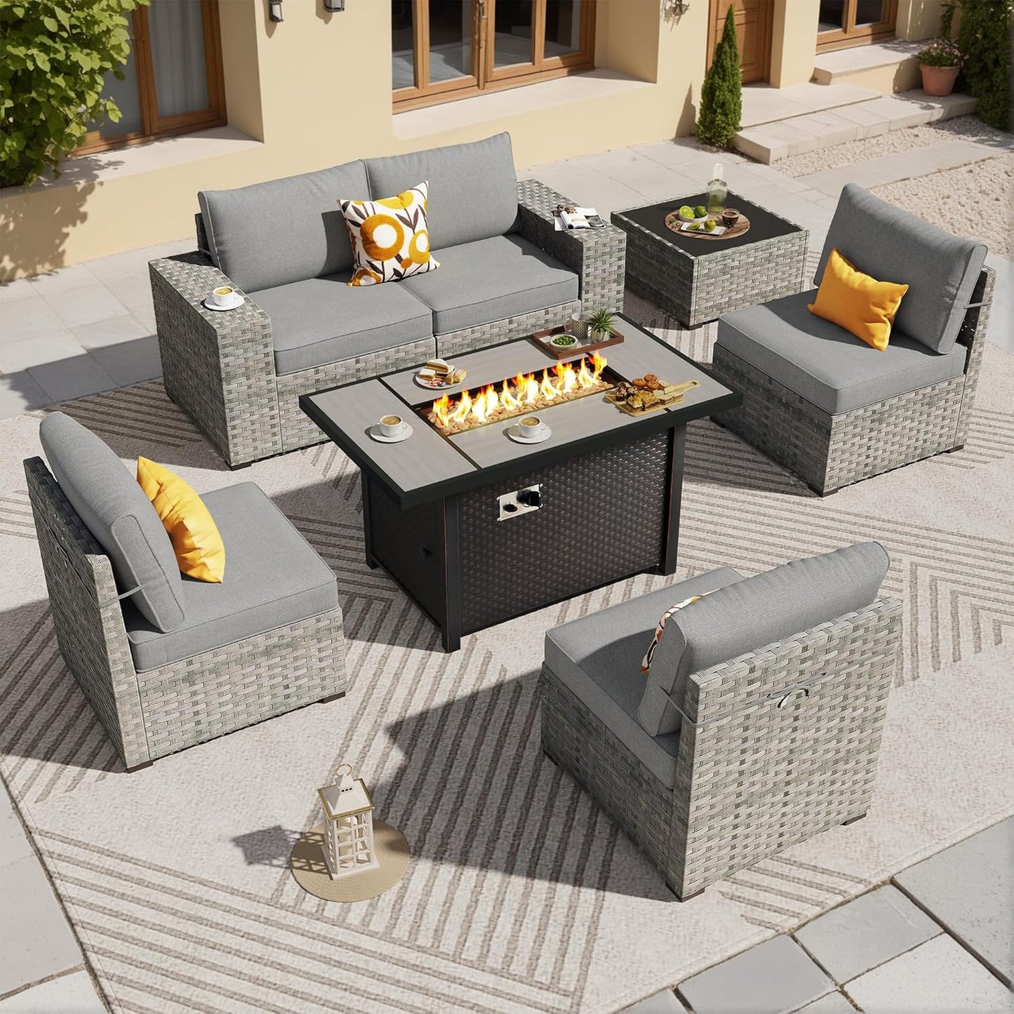 ovios 6 Pieces Patio Furniture Set, Outdoor Wicker Sectional Sofa with Glass Table Comfy Cushions, Modern Modular Deep Seat Couch Rattan Conversation Set, Denim Blue