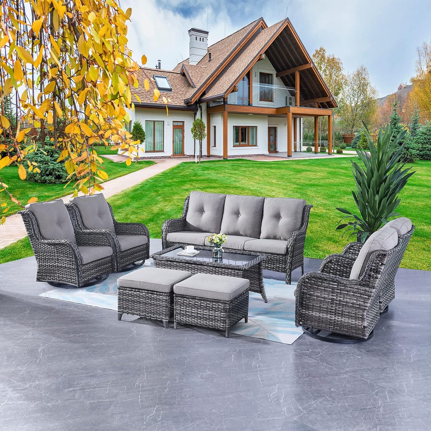 Rilyson Wicker Rocking Chair Swivel Chairs - 4 Piece Rocker Patio Chairs Set Rattan Rocking Chair for Outdoor Porch Deck Garden Backyard(Mixed Grey/Blue)