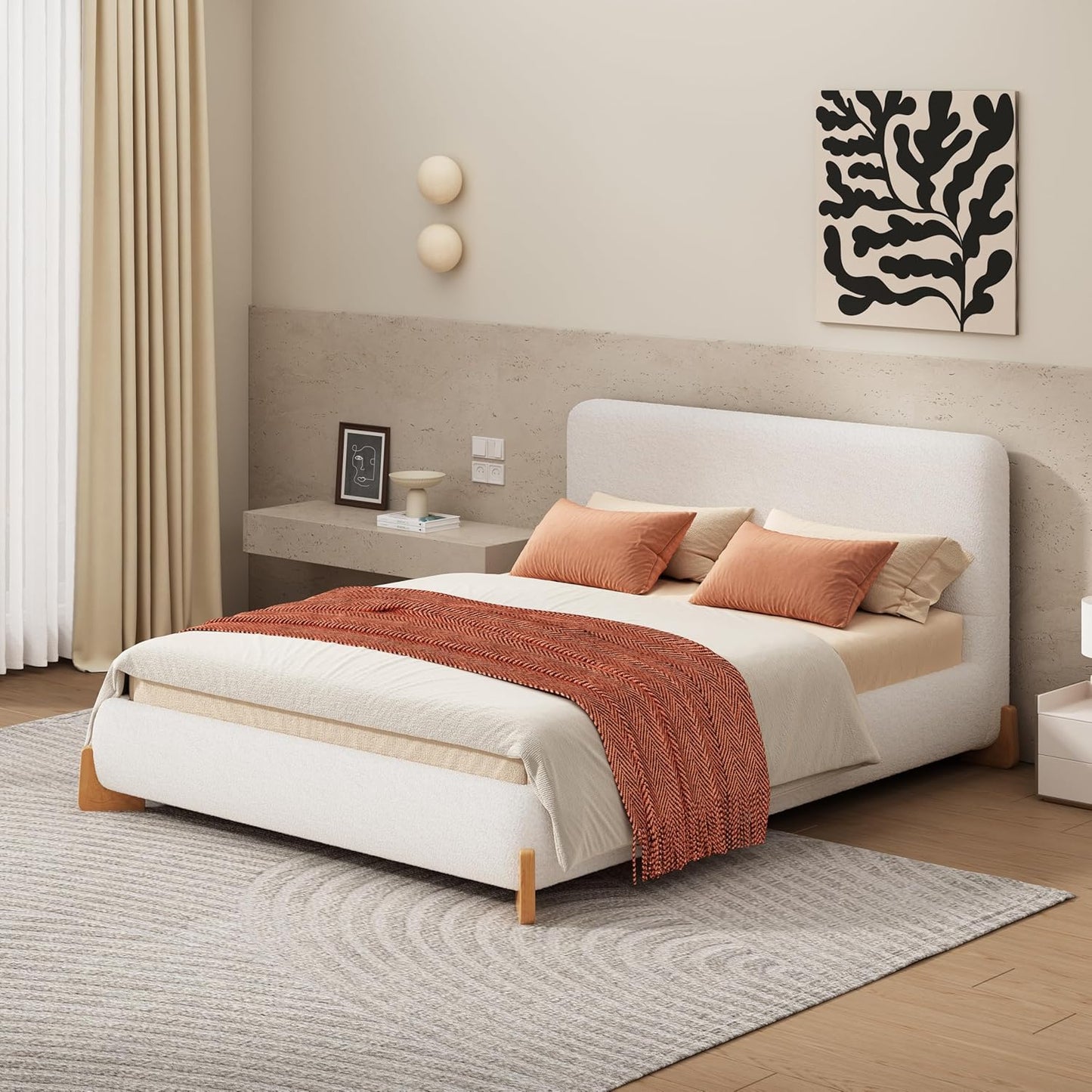 Merax Boucle Upholstered Bed, King Bed Frame and Headboard, Platform Bedframe, No Box Spring Required, Easy Assembly, White