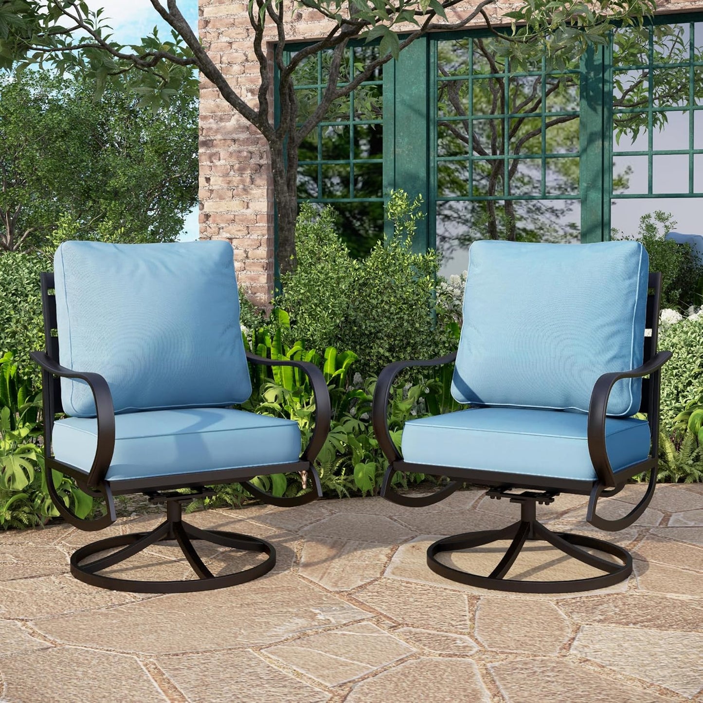 PHI VILLA 6 Piece Patio Furniture Sets with 1 x 3 Seater Padded Deep Seating Bench, 2 x Swivel Cushioned Sofa Chairs, 2 x Leg Sofa Chairs and 1 x Coffee Table, Outdoor Metal Furniture Set for 7