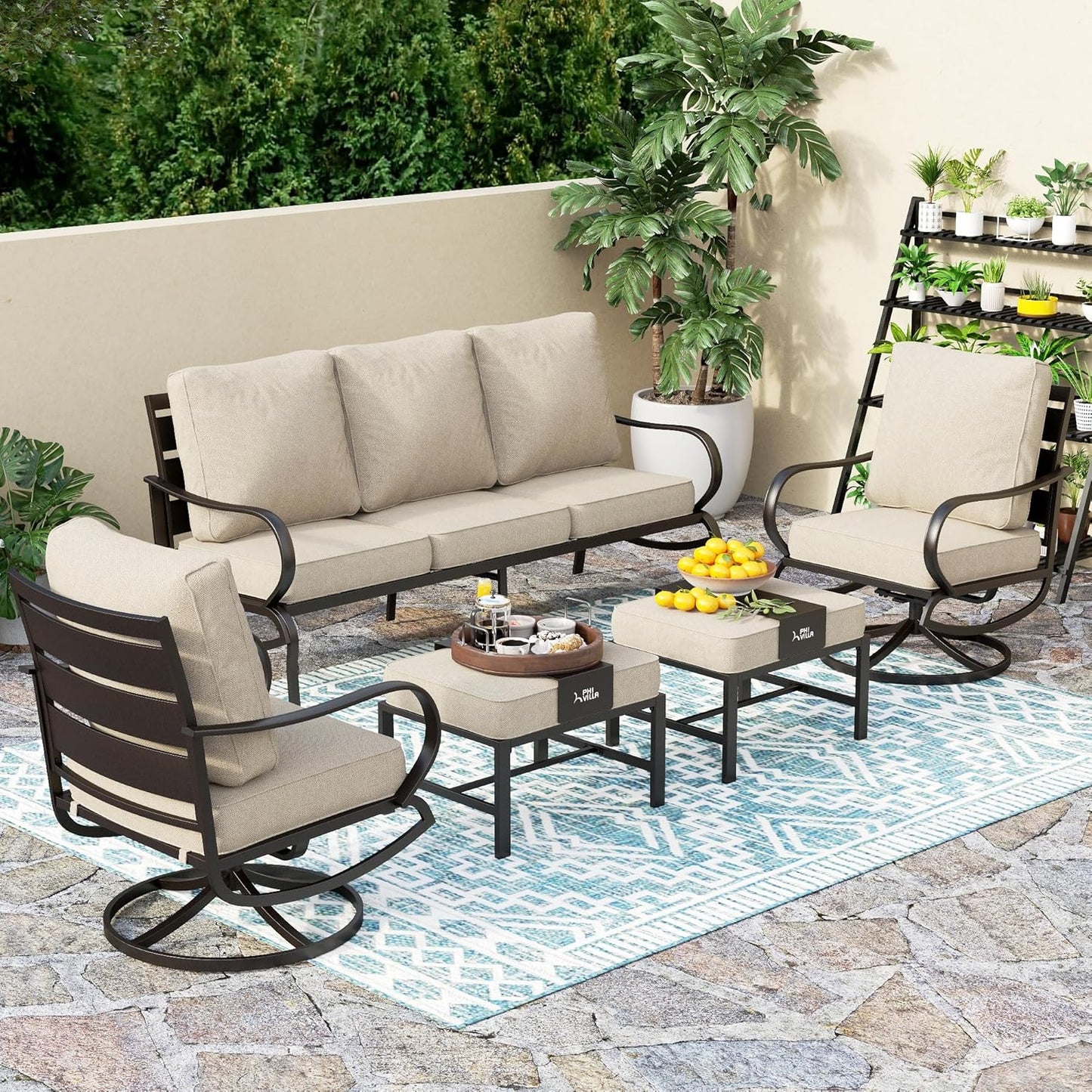 PHI VILLA 6 Piece Patio Furniture Sets with 1 x 3 Seater Padded Deep Seating Bench, 2 x Swivel Cushioned Sofa Chairs, 2 x Leg Sofa Chairs and 1 x Coffee Table, Outdoor Metal Furniture Set for 7