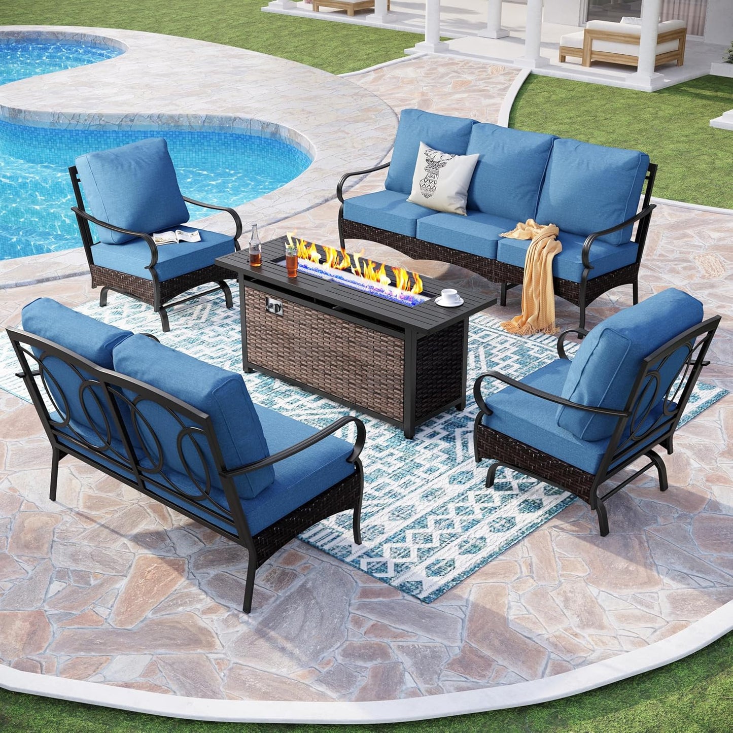 Patio Furniture Set with 56" Fire Pit Table, Premium Outdoor Wicker Metal Frame Furniture with Upgraded Waterproof Thick Cushions for Porch, Poolside, Deck, and Yard (4 Pieces,Red