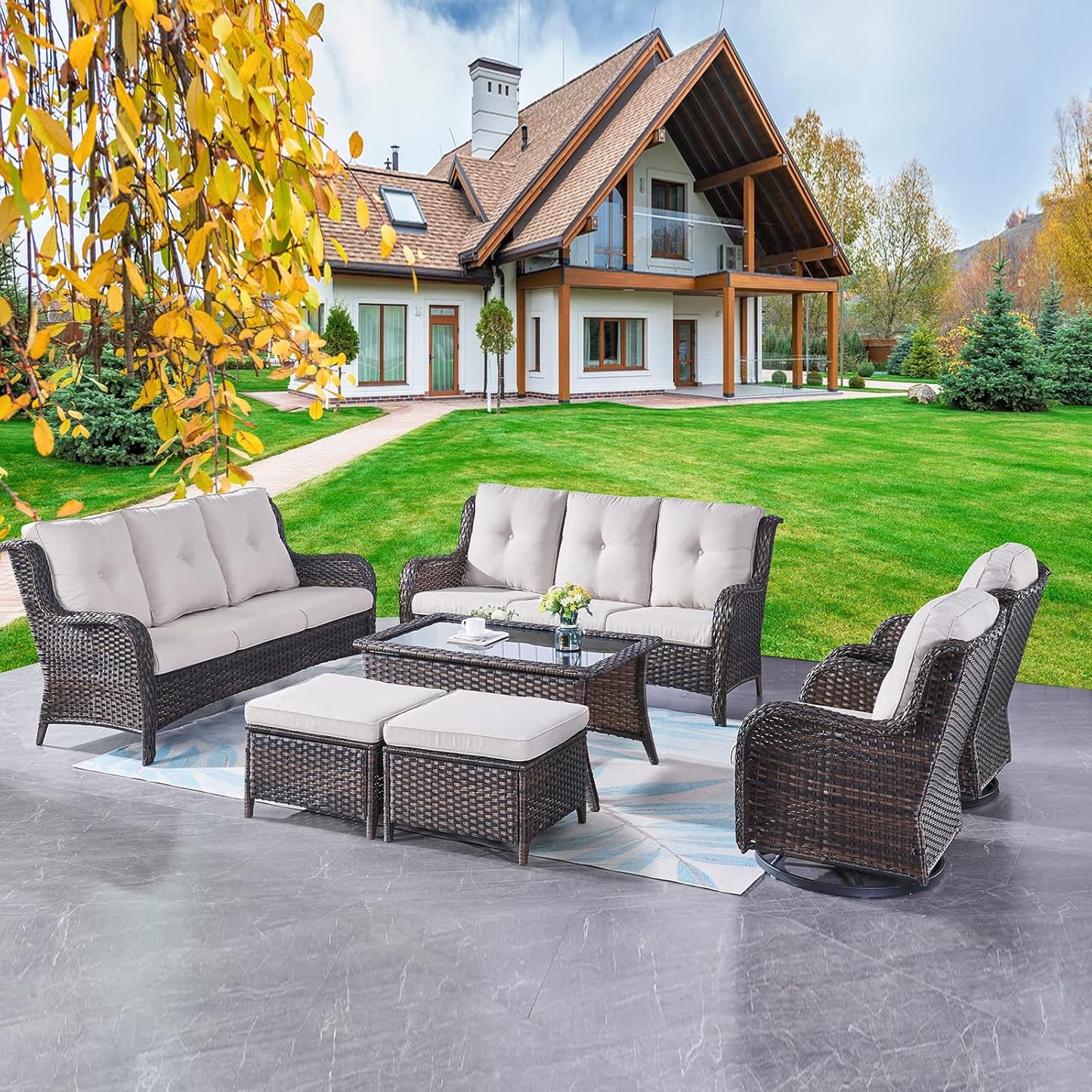 Rilyson Wicker Rocking Chair Swivel Chairs - 4 Piece Rocker Patio Chairs Set Rattan Rocking Chair for Outdoor Porch Deck Garden Backyard(Mixed Grey/Blue)