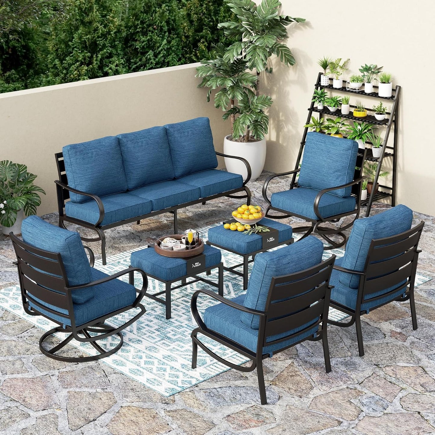 PHI VILLA 6 Piece Patio Furniture Sets with 1 x 3 Seater Padded Deep Seating Bench, 2 x Swivel Cushioned Sofa Chairs, 2 x Leg Sofa Chairs and 1 x Coffee Table, Outdoor Metal Furniture Set for 7