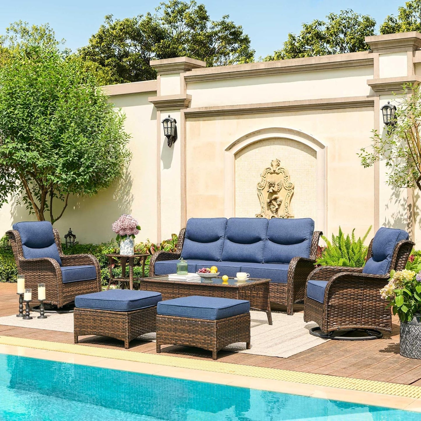 HILLGA Luxury Patio Furniture Set with 6-inch Thick Cushion, Outdoor Sectional Sofa and High Back Swivel Rocker Patio Chairs, 7PCS Wicker Conversation Set for Deck Yard and Pool, Blue (V2)