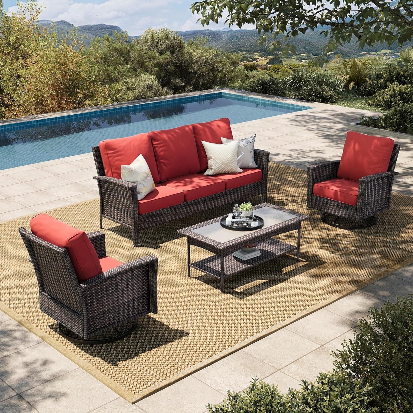 Luxury Patio Furniture Set with 5.5" Thick Cushion, Outdoor Wicker Conversation Set, 4 x High Back Swivel Patio Chairs with Tempered Glass Table, Waterproof 3-Seat Sofa for Deck Lawn Deck Yard, Beige