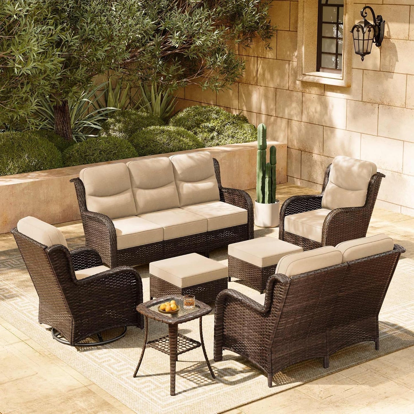 HILLGA Luxury Patio Furniture Set with 6-inch Thick Cushion, Outdoor Sectional Sofa and High Back Swivel Rocker Patio Chairs, 7PCS Wicker Conversation Set for Deck Yard and Pool, Blue (V2)