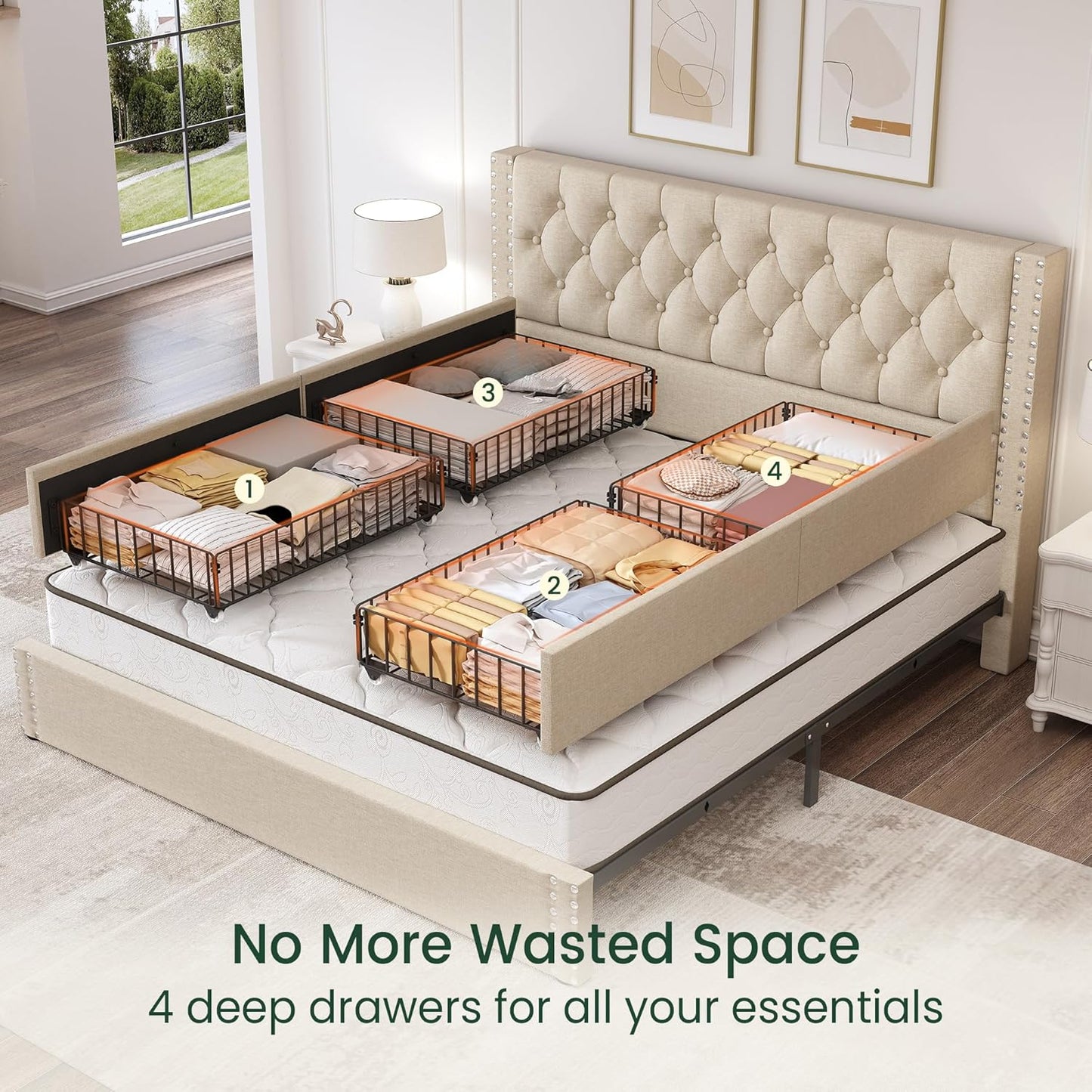 LARMACE King Size Bed Frame with 4 Storage Drawers and Tufted Headboard Linen Upholstered Platform Bed Frame with Heavy Duty Wood Slats, No Box Spring Needed, Easy Assembly, Beige