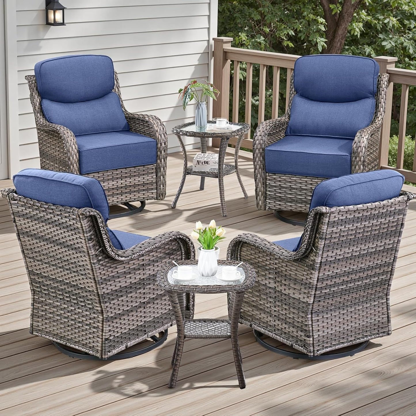 Rilyson Outdoor Patio Swivel Rocker Chairs Set of 2, Waterproof Wicker, High Back, Deep Seating, Wide Armrest, Upgraded 6 inch Thick Cushions, Ideal for Deck Porch Backyard, Mixed Grey-Grey