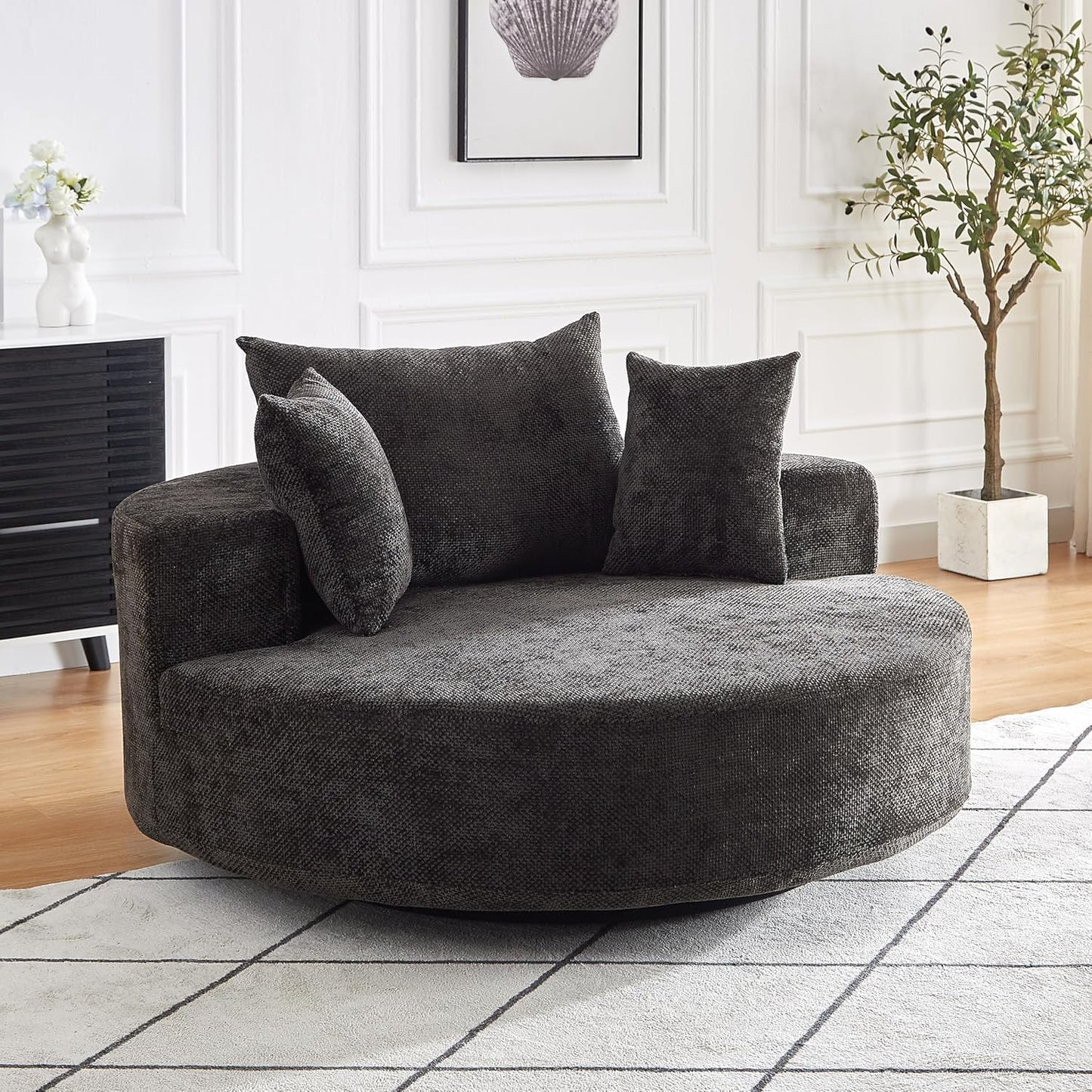 KEIKI 55" Oversized Swivel Accent Chair, Large Barrel Chairs Upholstered Round Swivel Chair, Chenille Single Sofa Armchair, Sleeper Chair for Living Room, Lounge, Beige