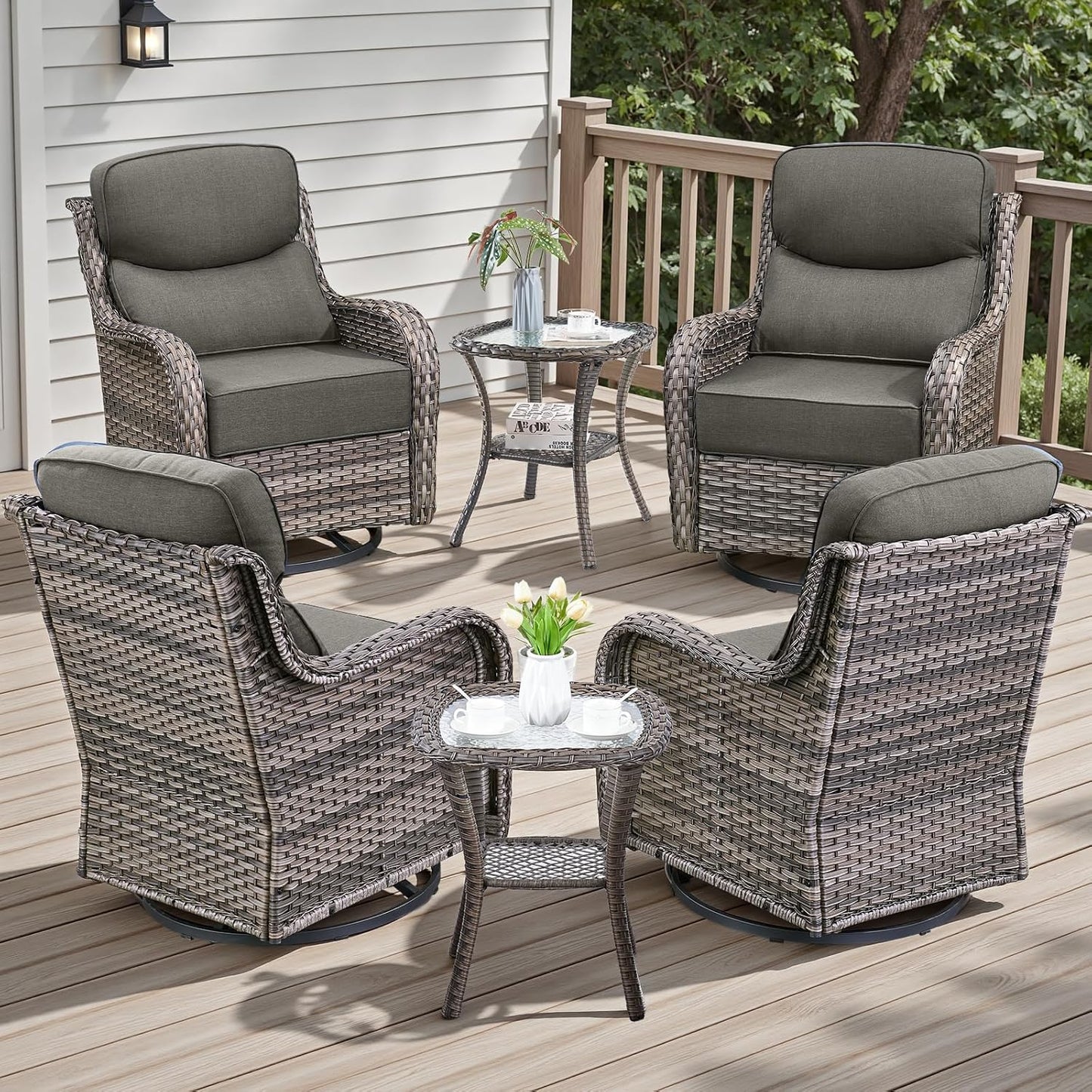 Rilyson Outdoor Patio Swivel Rocker Chairs Set of 2, Waterproof Wicker, High Back, Deep Seating, Wide Armrest, Upgraded 6 inch Thick Cushions, Ideal for Deck Porch Backyard, Mixed Grey-Grey