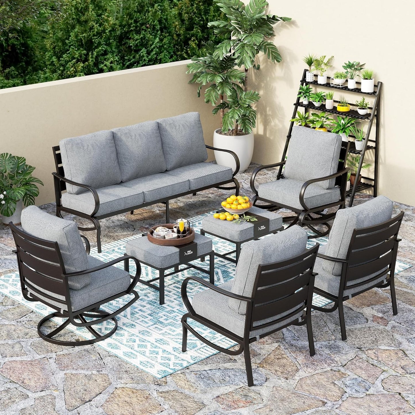 PHI VILLA 6 Piece Patio Furniture Sets with 1 x 3 Seater Padded Deep Seating Bench, 2 x Swivel Cushioned Sofa Chairs, 2 x Leg Sofa Chairs and 1 x Coffee Table, Outdoor Metal Furniture Set for 7