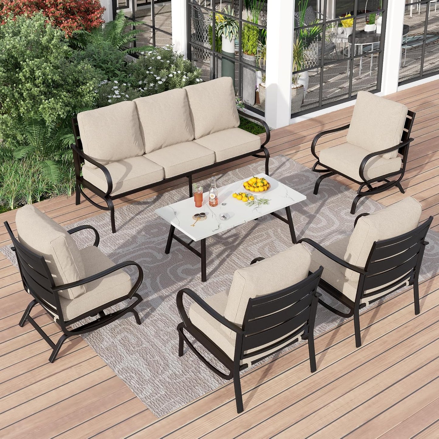 PHI VILLA 6 Piece Patio Furniture Sets with 1 x 3 Seater Padded Deep Seating Bench, 2 x Swivel Cushioned Sofa Chairs, 2 x Leg Sofa Chairs and 1 x Coffee Table, Outdoor Metal Furniture Set for 7