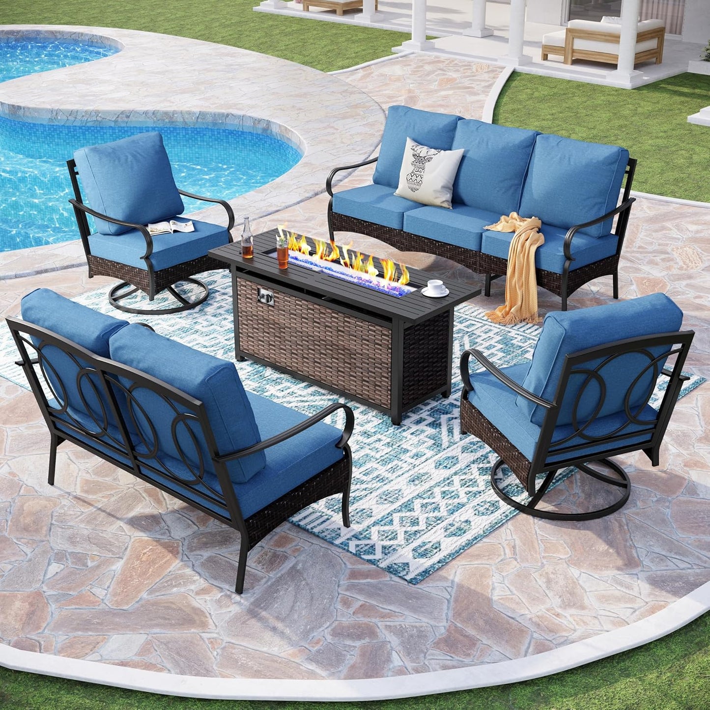 Patio Furniture Set with 56" Fire Pit Table, Premium Outdoor Wicker Metal Frame Furniture with Upgraded Waterproof Thick Cushions for Porch, Poolside, Deck, and Yard (4 Pieces,Red