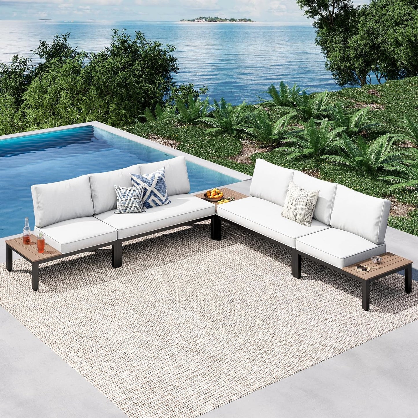 PHI VILLA 6 Pieces Outdoor Patio Furniture Set,Metal Frame Modern Outdoor Sectional Sofa Set,6 Seats Patio Conversation Sets with Coffee Table&Thickened Cushion,for Poolside and Backyard,Light Grey