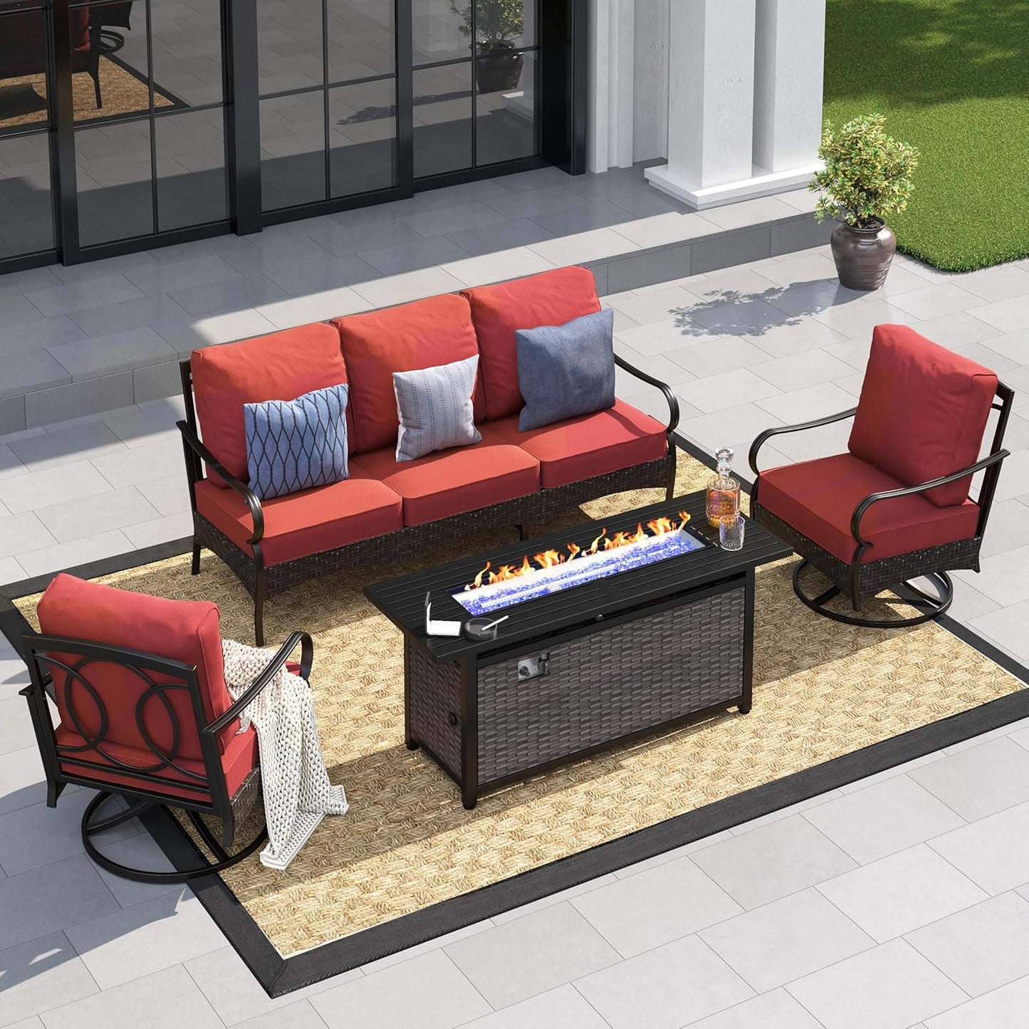 Patio Furniture Set with 56" Fire Pit Table, Premium Outdoor Wicker Metal Frame Furniture with Upgraded Waterproof Thick Cushions for Porch, Poolside, Deck, and Yard (4 Pieces,Red