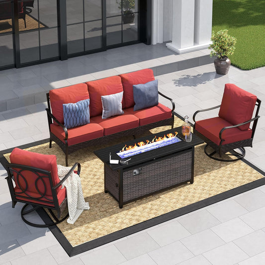 Patio Furniture Set with 56" Fire Pit Table, Premium Outdoor Wicker Metal Frame Furniture with Upgraded Waterproof Thick Cushions for Porch, Poolside, Deck, and Yard (4 Pieces,Red