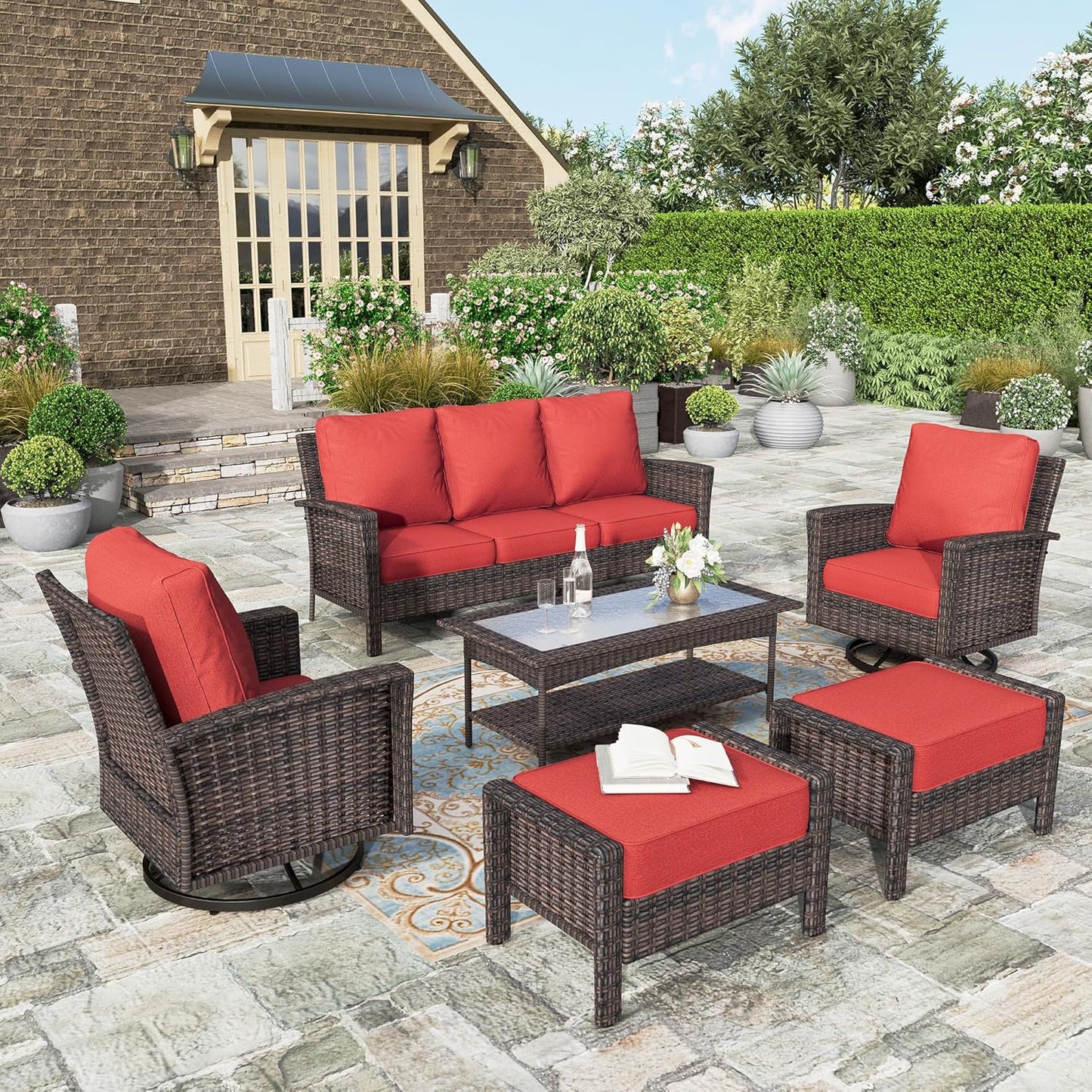 Luxury Patio Furniture Set with 5.5" Thick Cushion, Outdoor Wicker Conversation Set, 4 x High Back Swivel Patio Chairs with Tempered Glass Table, Waterproof 3-Seat Sofa for Deck Lawn Deck Yard, Beige