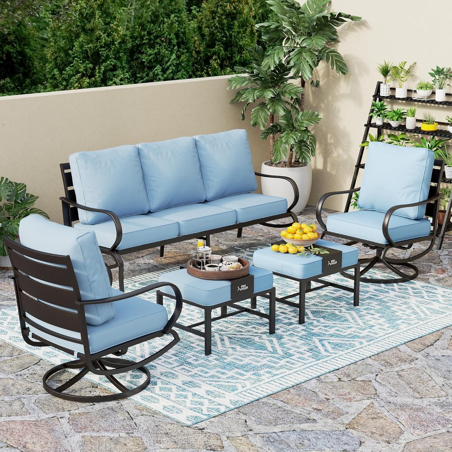 PHI VILLA 6 Piece Patio Furniture Sets with 1 x 3 Seater Padded Deep Seating Bench, 2 x Swivel Cushioned Sofa Chairs, 2 x Leg Sofa Chairs and 1 x Coffee Table, Outdoor Metal Furniture Set for 7