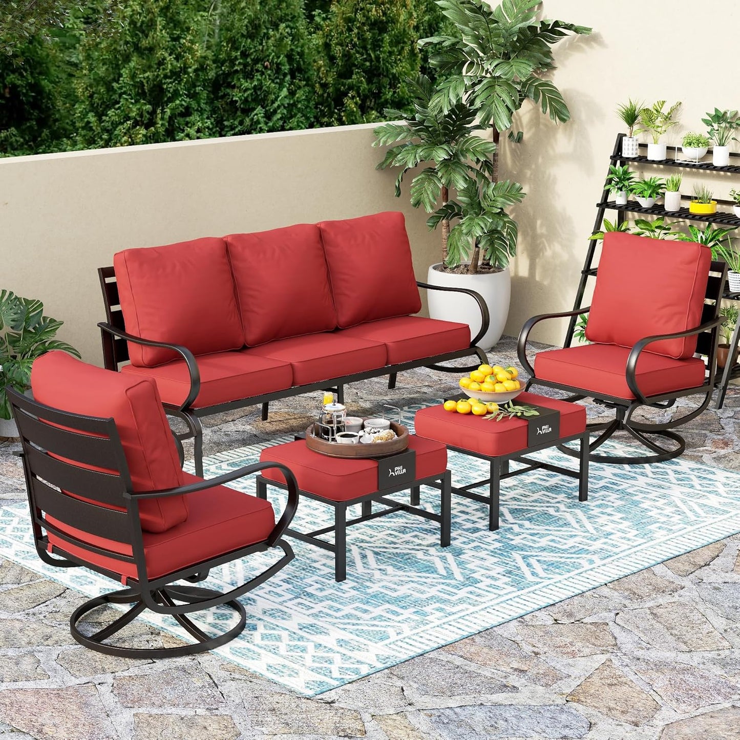 PHI VILLA 6 Piece Patio Furniture Sets with 1 x 3 Seater Padded Deep Seating Bench, 2 x Swivel Cushioned Sofa Chairs, 2 x Leg Sofa Chairs and 1 x Coffee Table, Outdoor Metal Furniture Set for 7