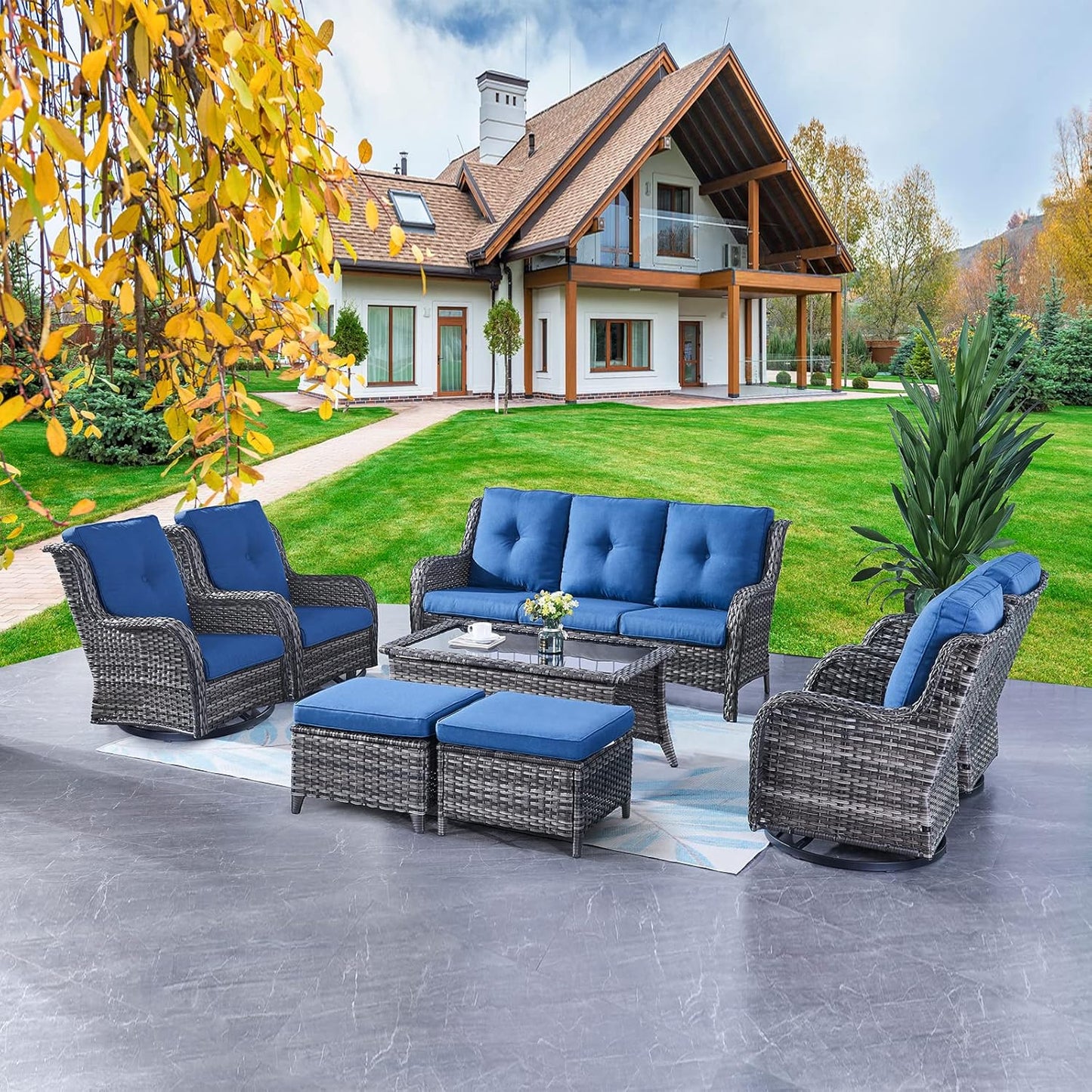 Rilyson Wicker Rocking Chair Swivel Chairs - 4 Piece Rocker Patio Chairs Set Rattan Rocking Chair for Outdoor Porch Deck Garden Backyard(Mixed Grey/Blue)