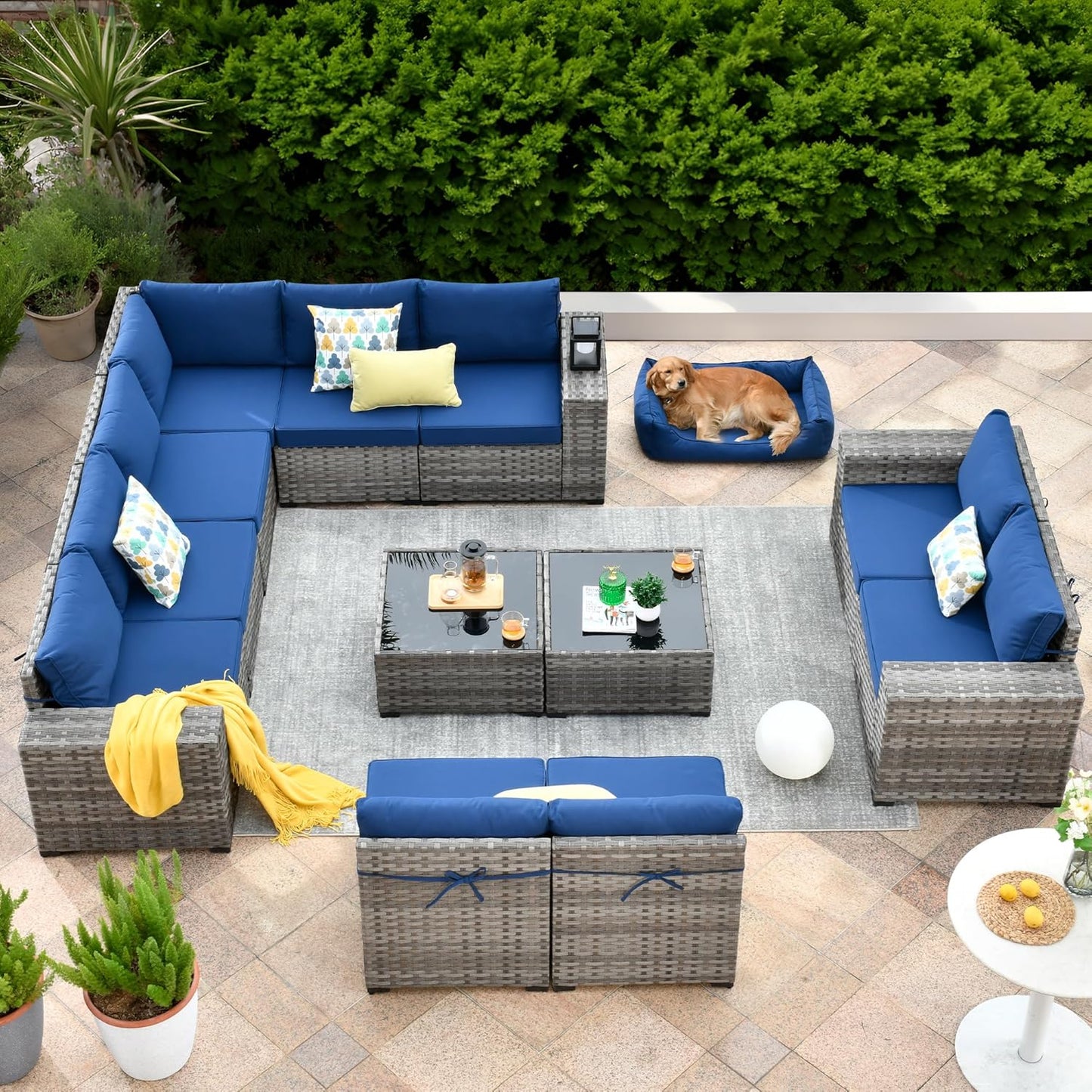ovios 6 Pieces Patio Furniture Set, Outdoor Wicker Sectional Sofa with Glass Table Comfy Cushions, Modern Modular Deep Seat Couch Rattan Conversation Set, Denim Blue
