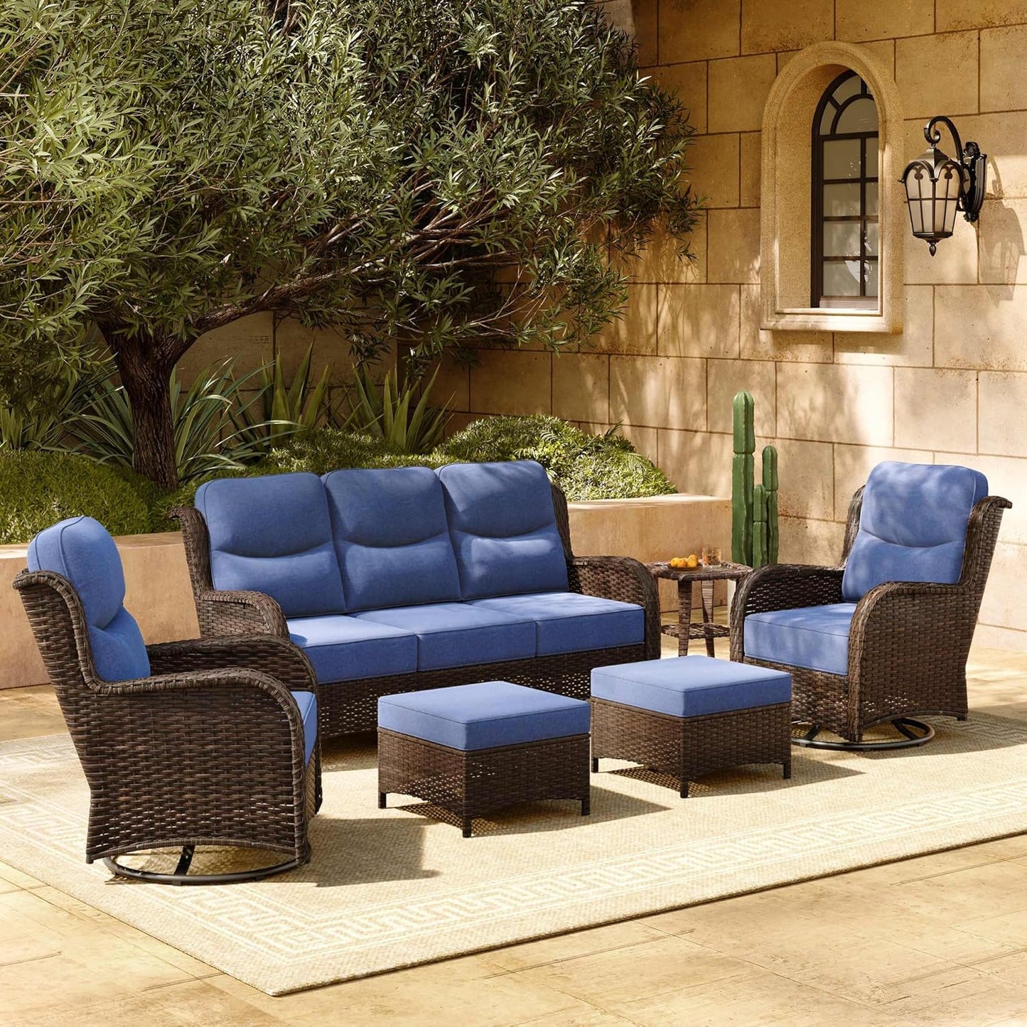 HILLGA Luxury Patio Furniture Set with 6-inch Thick Cushion, Outdoor Sectional Sofa and High Back Swivel Rocker Patio Chairs, 7PCS Wicker Conversation Set for Deck Yard and Pool, Blue (V2)