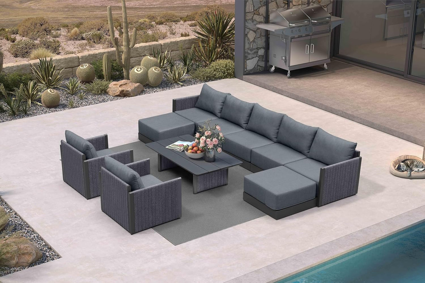 PURPLE LEAF Patio Furniture Set 8 Pieces Outdoor Conversation Sets PP Rope Patio Sofa with Cushions Manual Weaving Deep Seating Furniture for Porch Lawn Backyard Gray