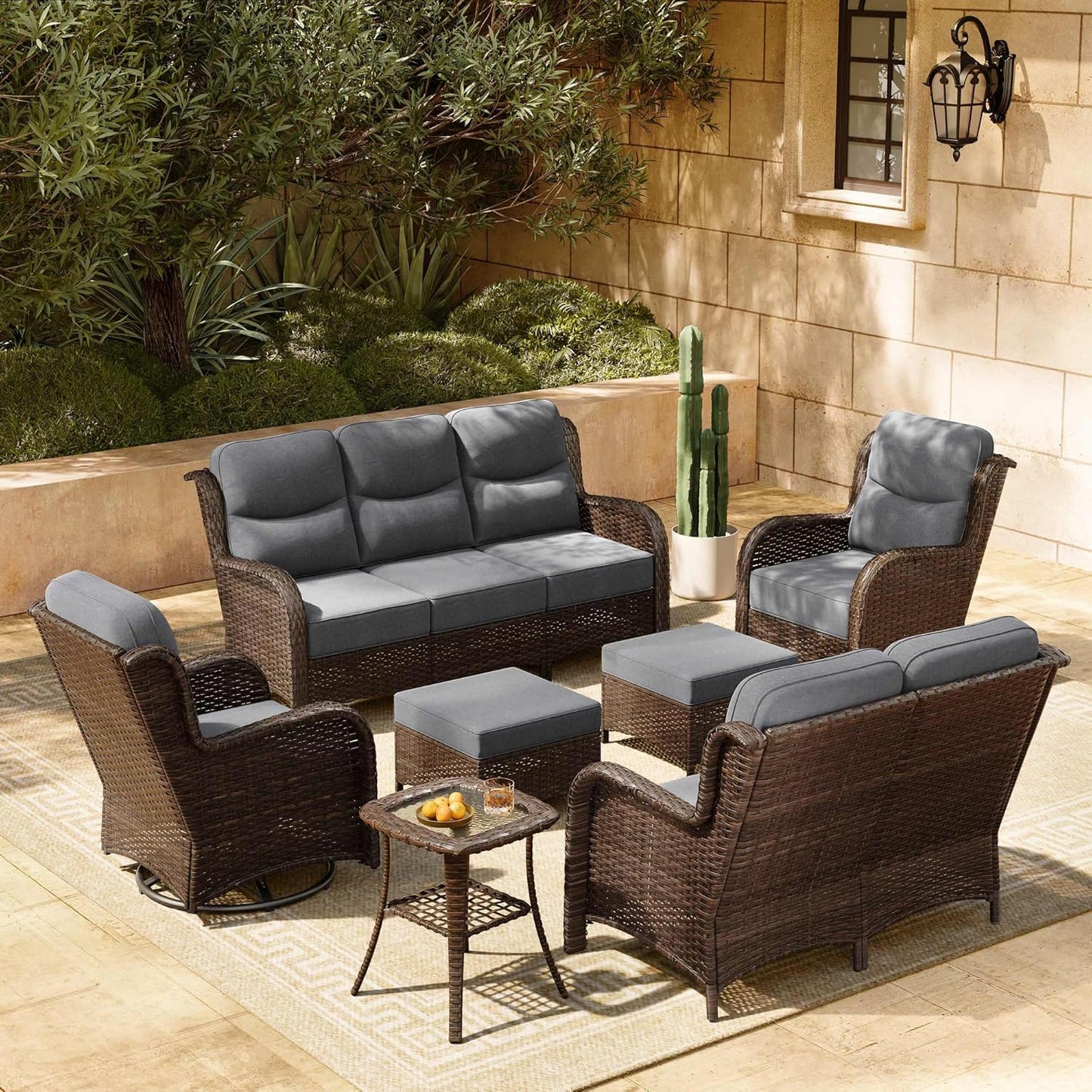 HILLGA Luxury Patio Furniture Set with 6-inch Thick Cushion, Outdoor Sectional Sofa and High Back Swivel Rocker Patio Chairs, 7PCS Wicker Conversation Set for Deck Yard and Pool, Blue (V2)