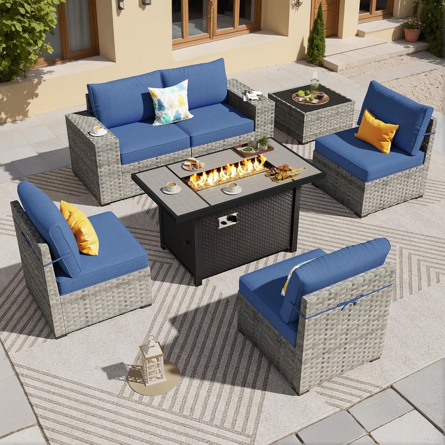 ovios 6 Pieces Patio Furniture Set, Outdoor Wicker Sectional Sofa with Glass Table Comfy Cushions, Modern Modular Deep Seat Couch Rattan Conversation Set, Denim Blue