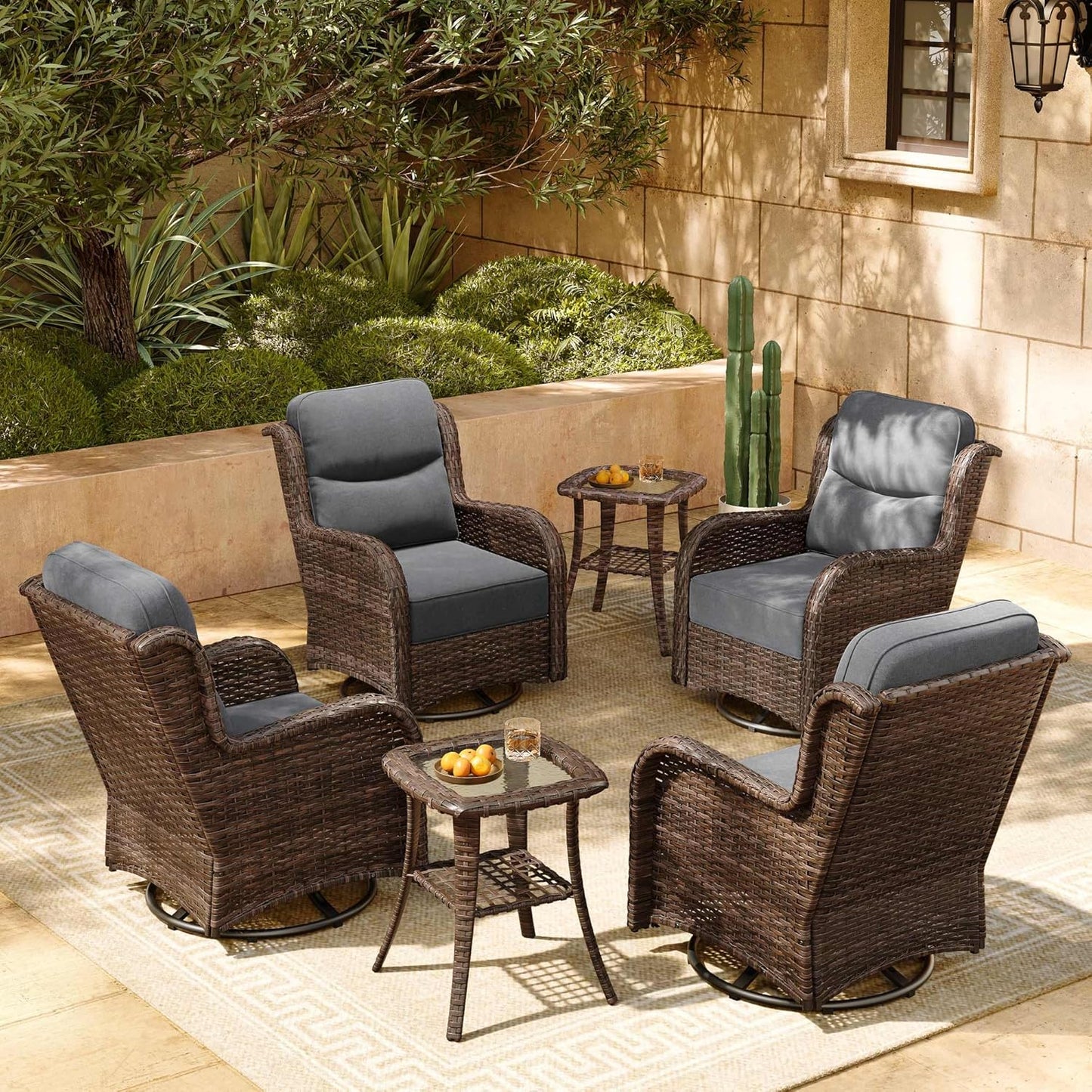 HILLGA Luxury Patio Furniture Set with 6-inch Thick Cushion, Outdoor Sectional Sofa and High Back Swivel Rocker Patio Chairs, 7PCS Wicker Conversation Set for Deck Yard and Pool, Blue (V2)
