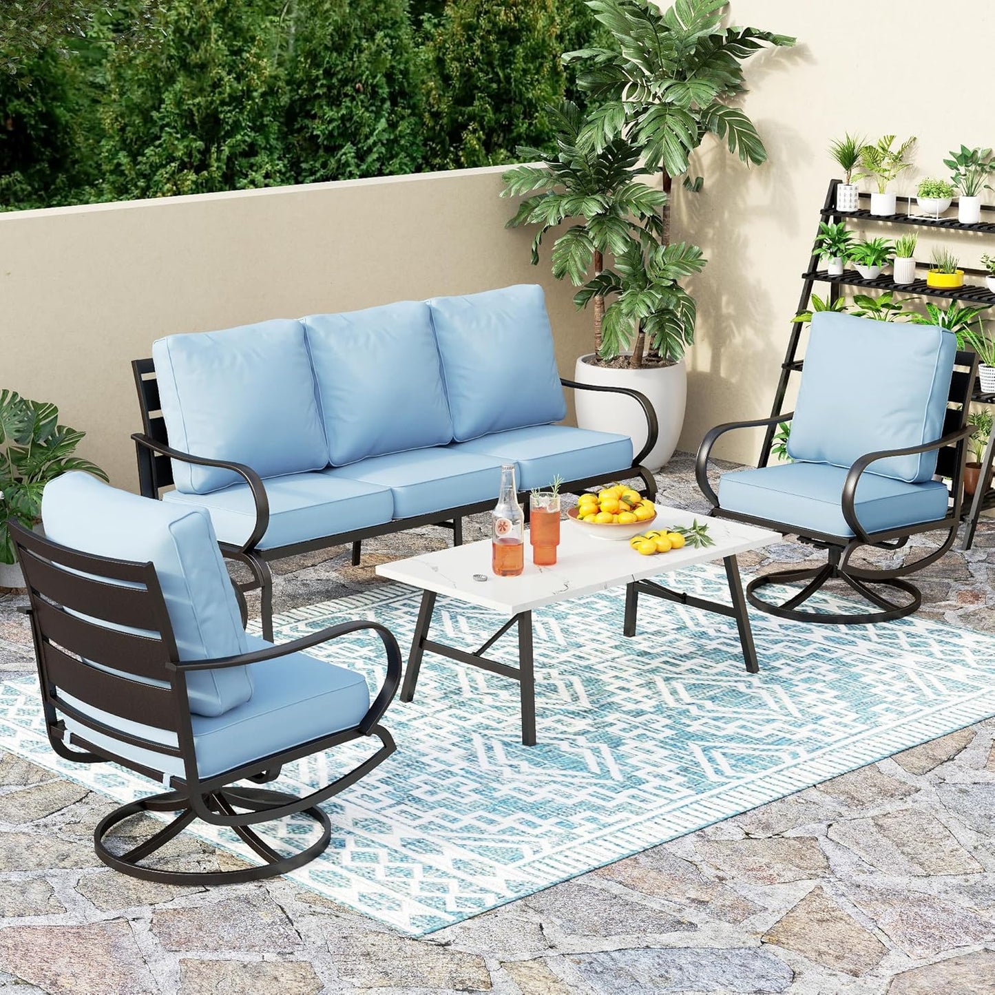PHI VILLA 6 Piece Patio Furniture Sets with 1 x 3 Seater Padded Deep Seating Bench, 2 x Swivel Cushioned Sofa Chairs, 2 x Leg Sofa Chairs and 1 x Coffee Table, Outdoor Metal Furniture Set for 7