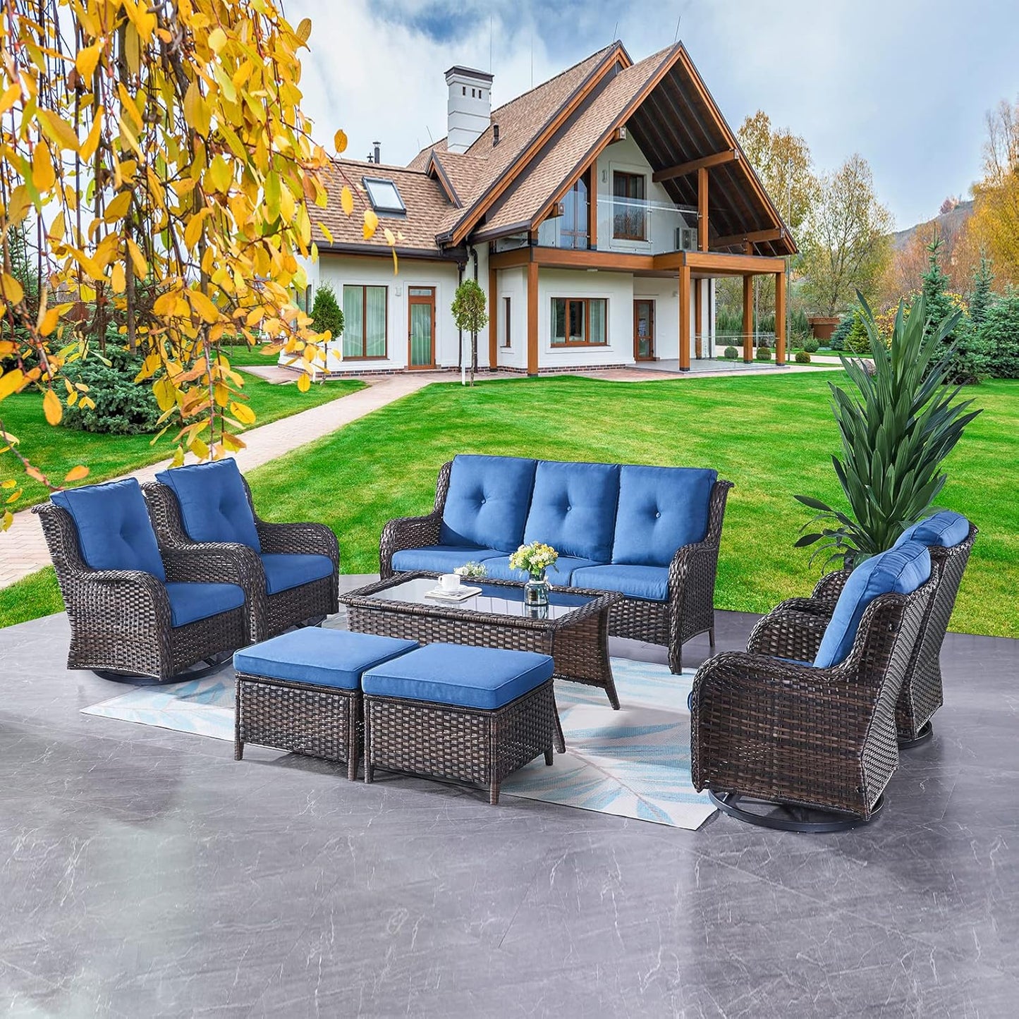 Rilyson Wicker Rocking Chair Swivel Chairs - 4 Piece Rocker Patio Chairs Set Rattan Rocking Chair for Outdoor Porch Deck Garden Backyard(Mixed Grey/Blue)