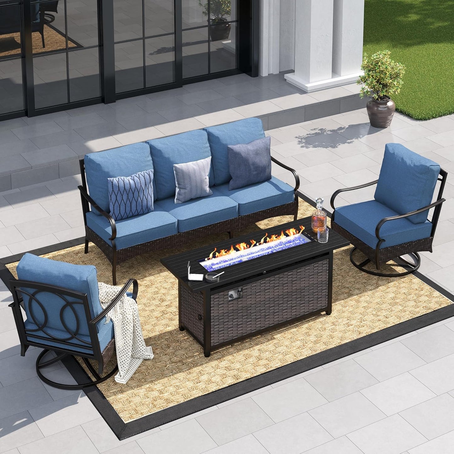 Patio Furniture Set with 56" Fire Pit Table, Premium Outdoor Wicker Metal Frame Furniture with Upgraded Waterproof Thick Cushions for Porch, Poolside, Deck, and Yard (4 Pieces,Red