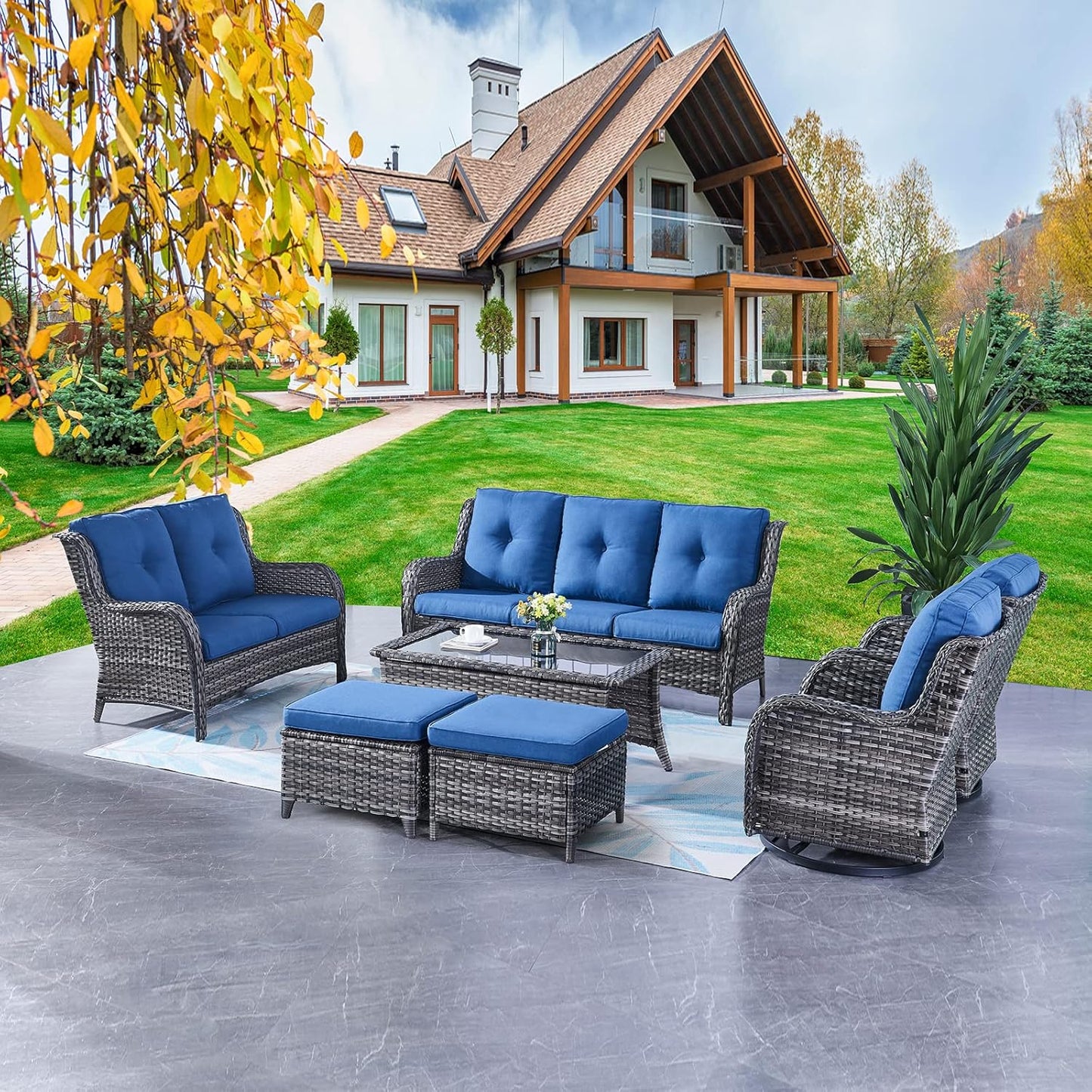 Rilyson Wicker Rocking Chair Swivel Chairs - 4 Piece Rocker Patio Chairs Set Rattan Rocking Chair for Outdoor Porch Deck Garden Backyard(Mixed Grey/Blue)