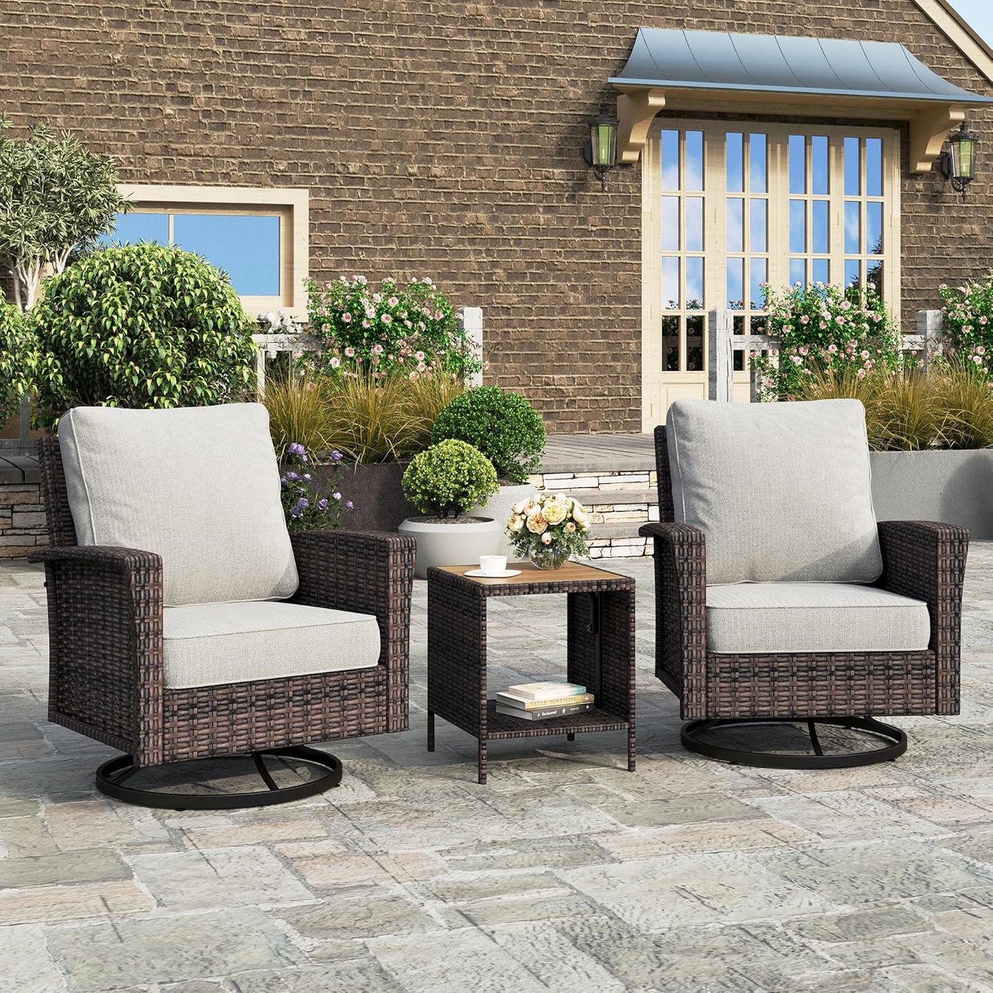 Luxury Patio Furniture Set with 5.5" Thick Cushion, Outdoor Wicker Conversation Set, 4 x High Back Swivel Patio Chairs with Tempered Glass Table, Waterproof 3-Seat Sofa for Deck Lawn Deck Yard, Beige