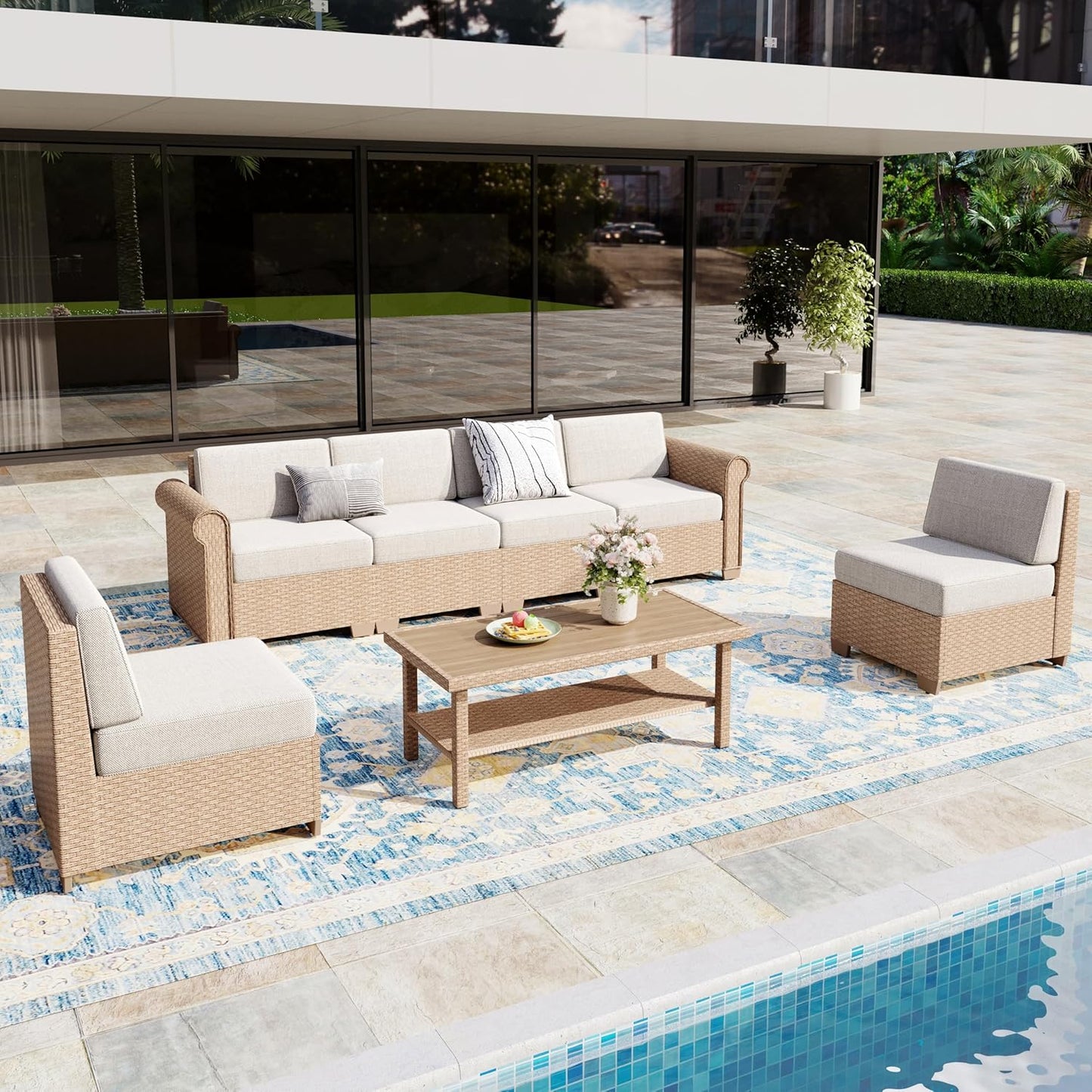 Patio Furniture Set, 8 Piece Outdoor Rattan Wicker Sectional Conversation Set with 5.5" Thick Waterproof Cushions and Coffee Table for Deck Backyard