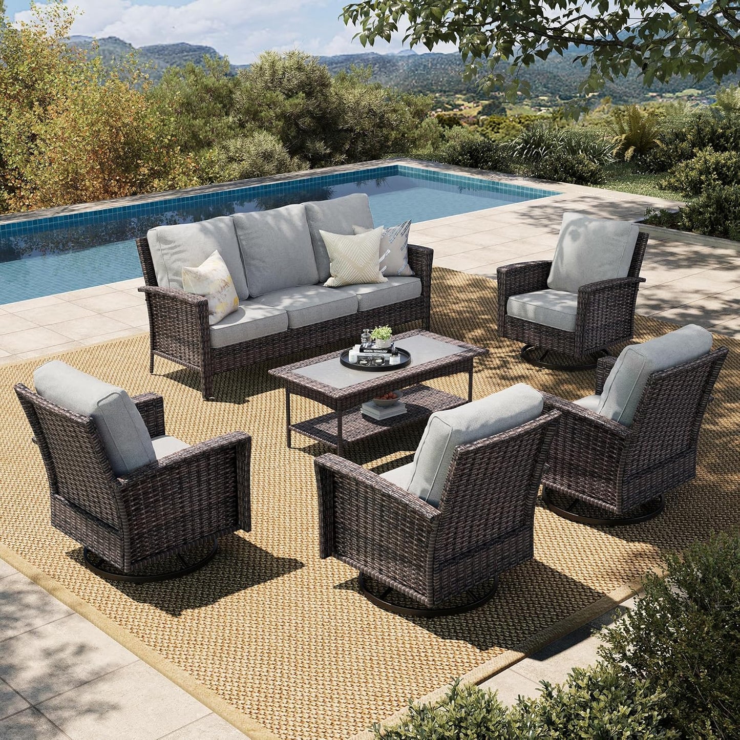 Luxury Patio Furniture Set with 5.5" Thick Cushion, Outdoor Wicker Conversation Set, 4 x High Back Swivel Patio Chairs with Tempered Glass Table, Waterproof 3-Seat Sofa for Deck Lawn Deck Yard, Beige