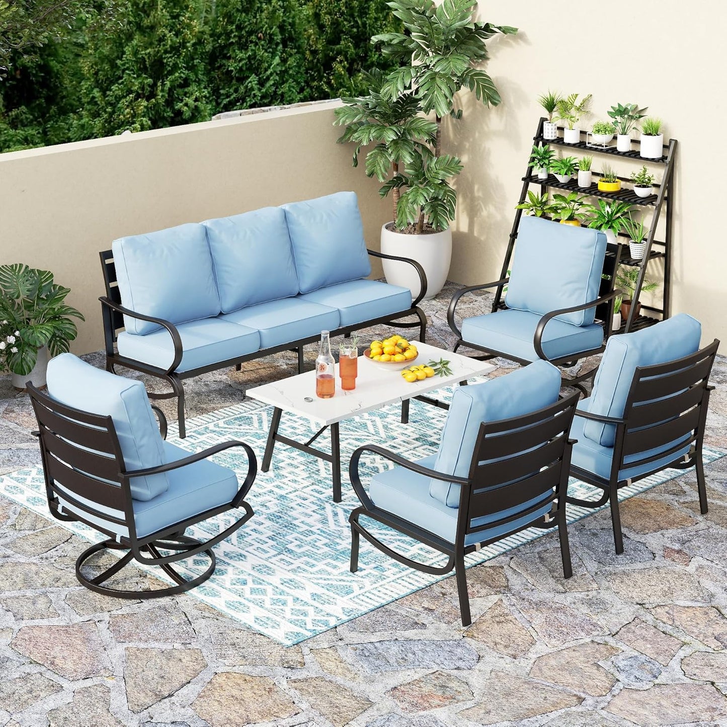 PHI VILLA 6 Piece Patio Furniture Sets with 1 x 3 Seater Padded Deep Seating Bench, 2 x Swivel Cushioned Sofa Chairs, 2 x Leg Sofa Chairs and 1 x Coffee Table, Outdoor Metal Furniture Set for 7